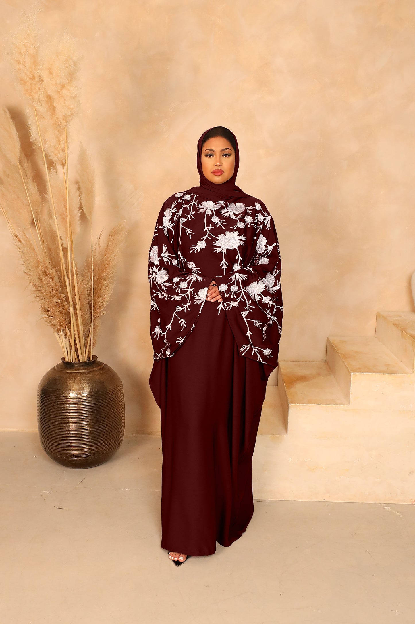 Aziza Farasha Embroidered Abaya in Maroon and White
