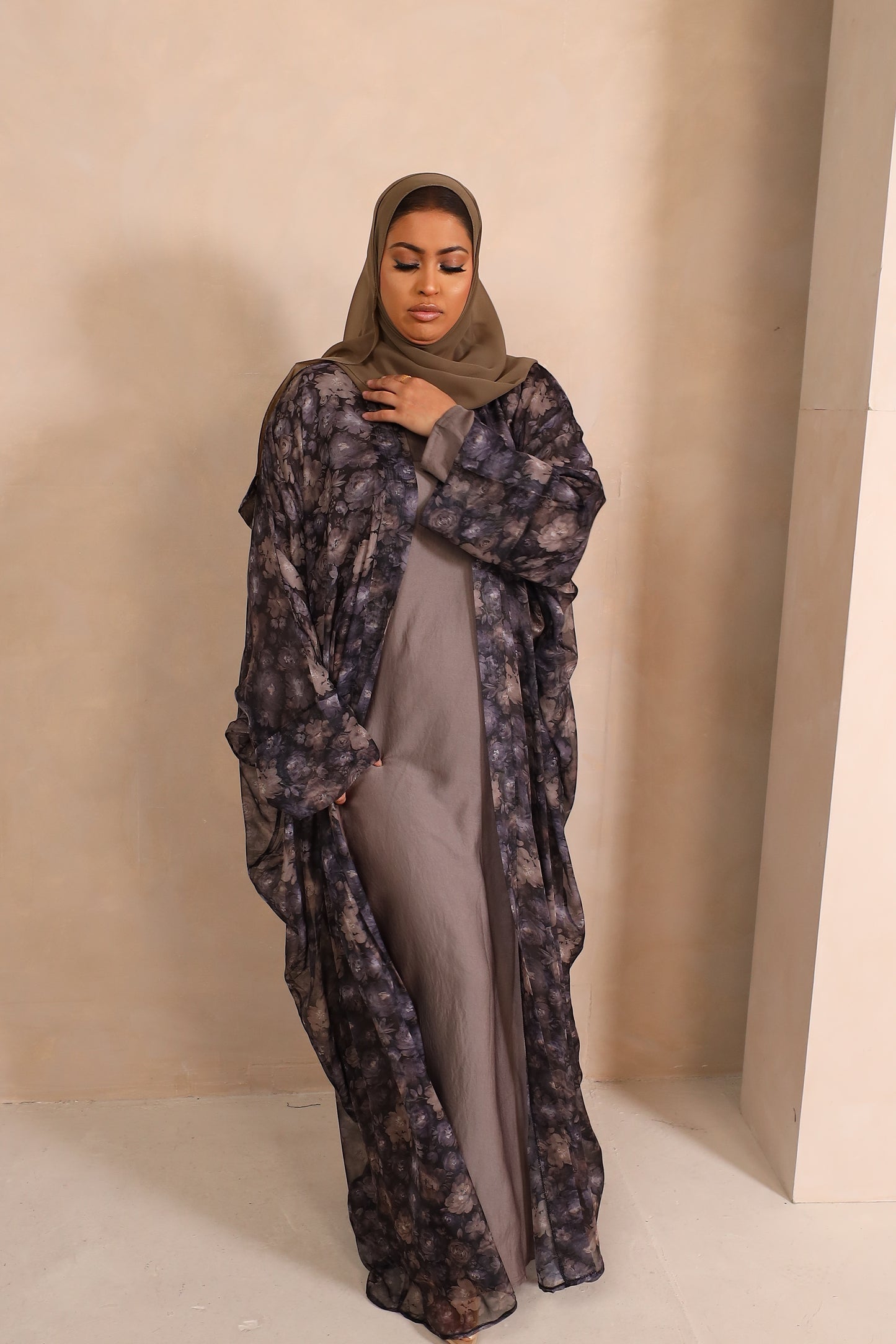 Zahra Chiffon Floral Farasha Open Jacket Abaya with Grey Inner -  4 piece set
