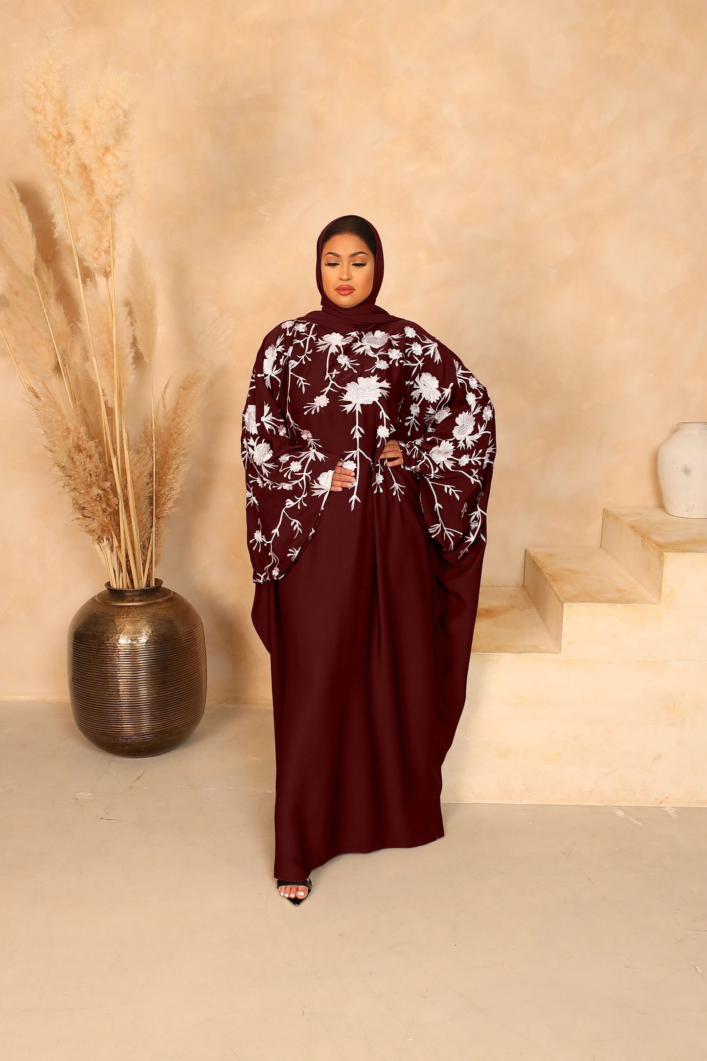 Aziza Farasha Embroidered Abaya in Maroon and White