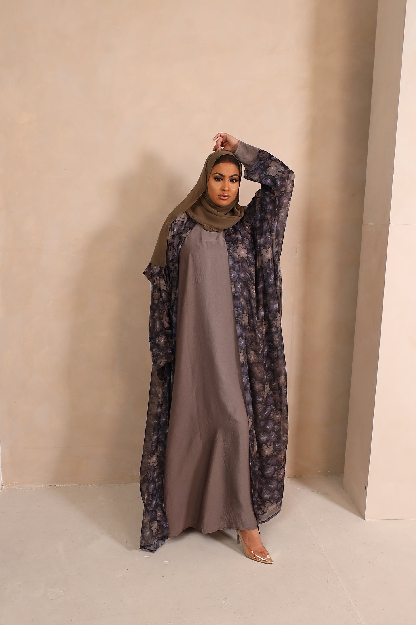 Zahra Chiffon Floral Farasha Open Jacket Abaya with Grey Inner -  4 piece set