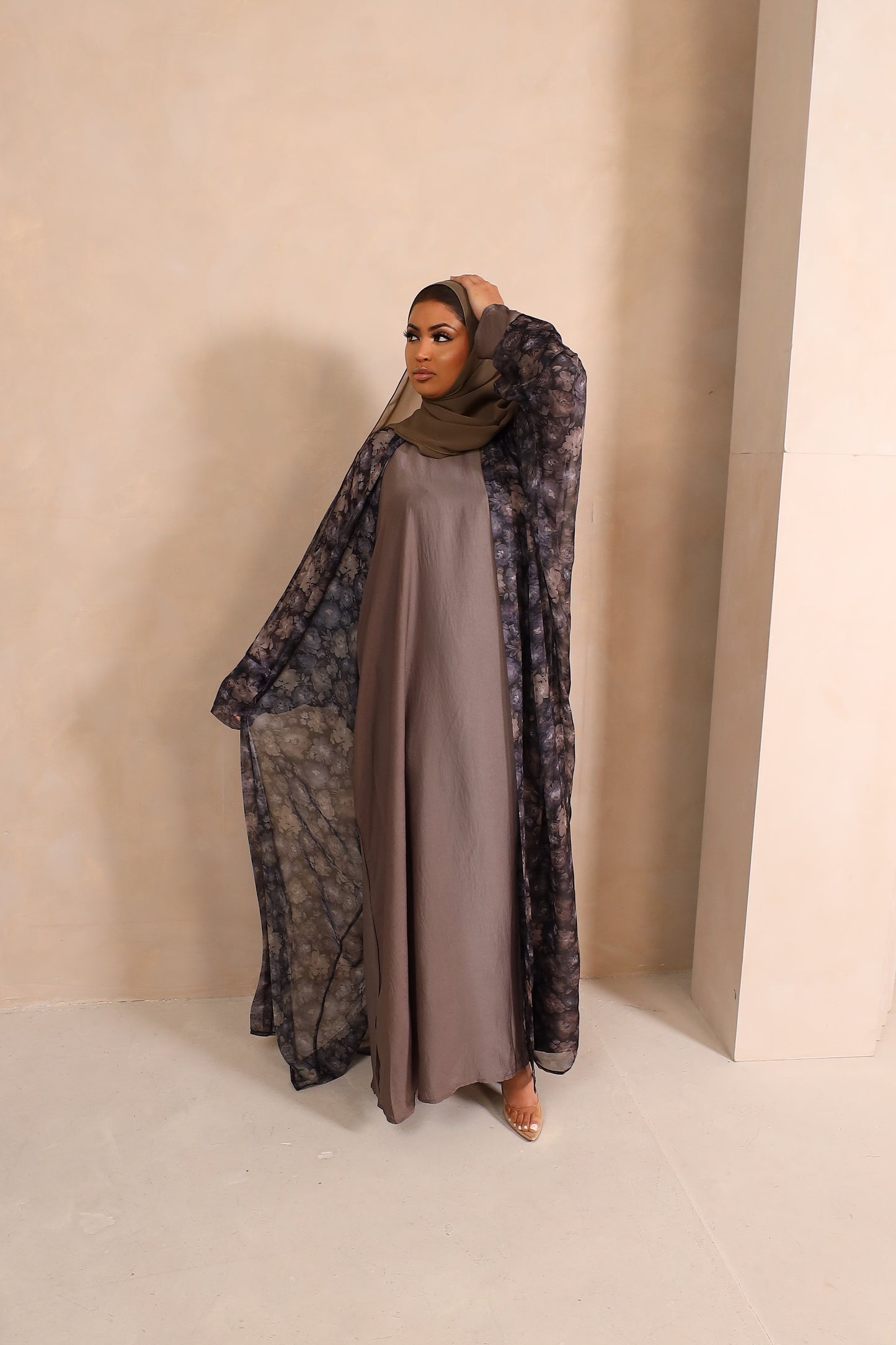 Zahra Chiffon Floral Farasha Open Jacket Abaya with Grey Inner -  4 piece set