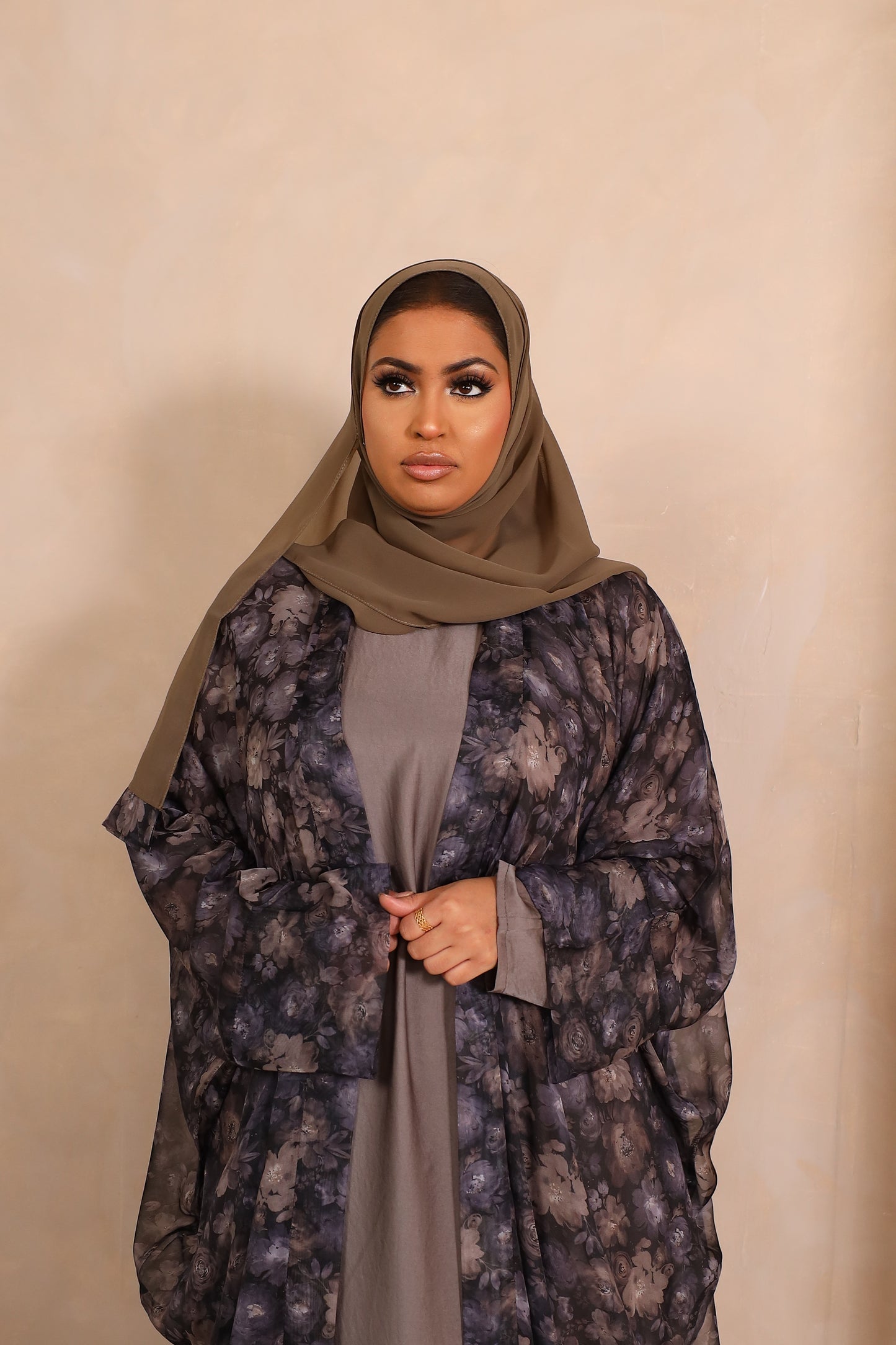 Zahra Chiffon Floral Farasha Open Jacket Abaya with Grey Inner -  4 piece set