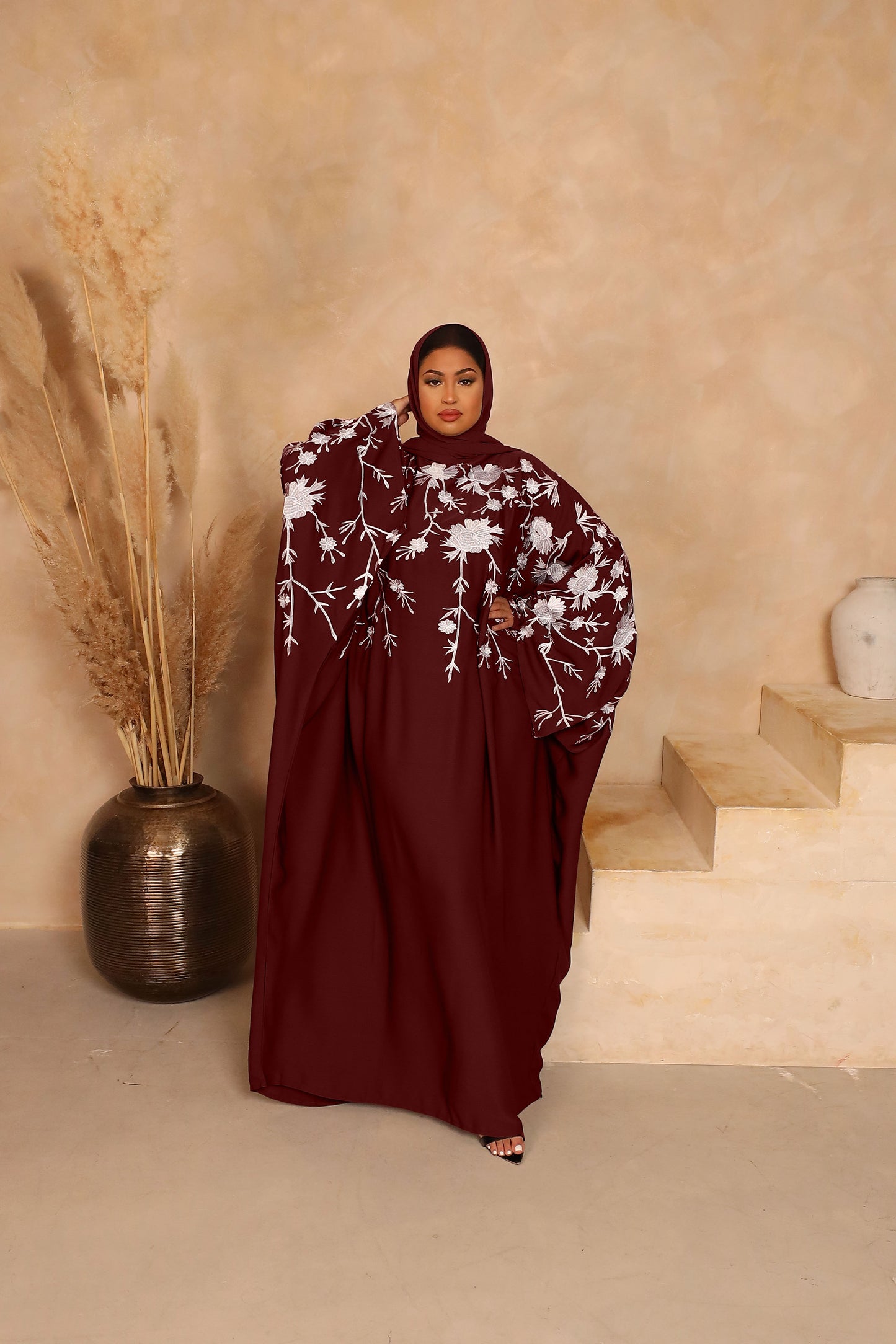 Aziza Farasha Embroidered Abaya in Maroon and White