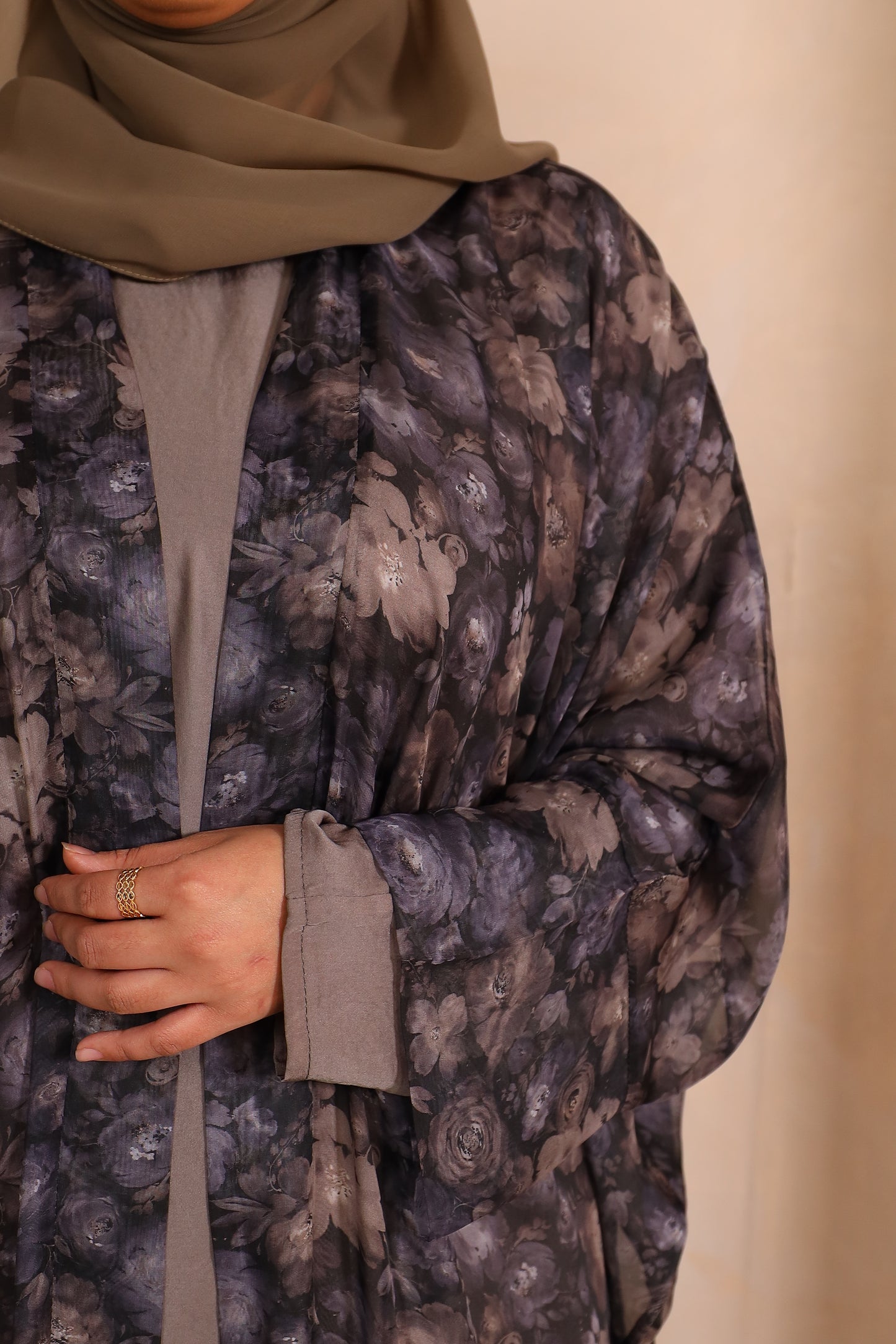 Zahra Chiffon Floral Farasha Open Jacket Abaya with Grey Inner -  4 piece set