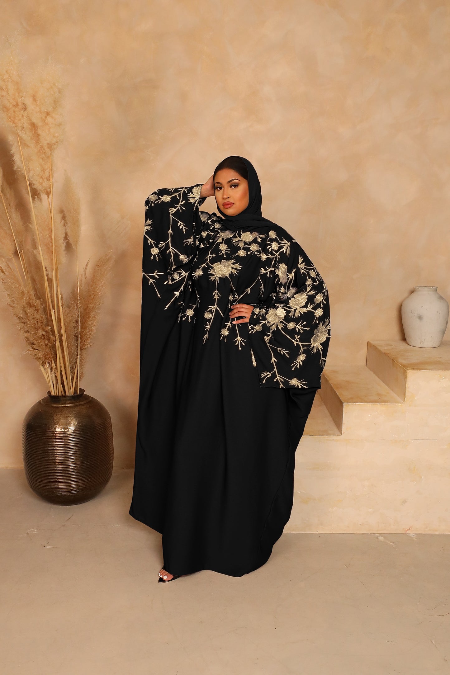 Aziza Farasha Embroidered Abaya in Black and Beige