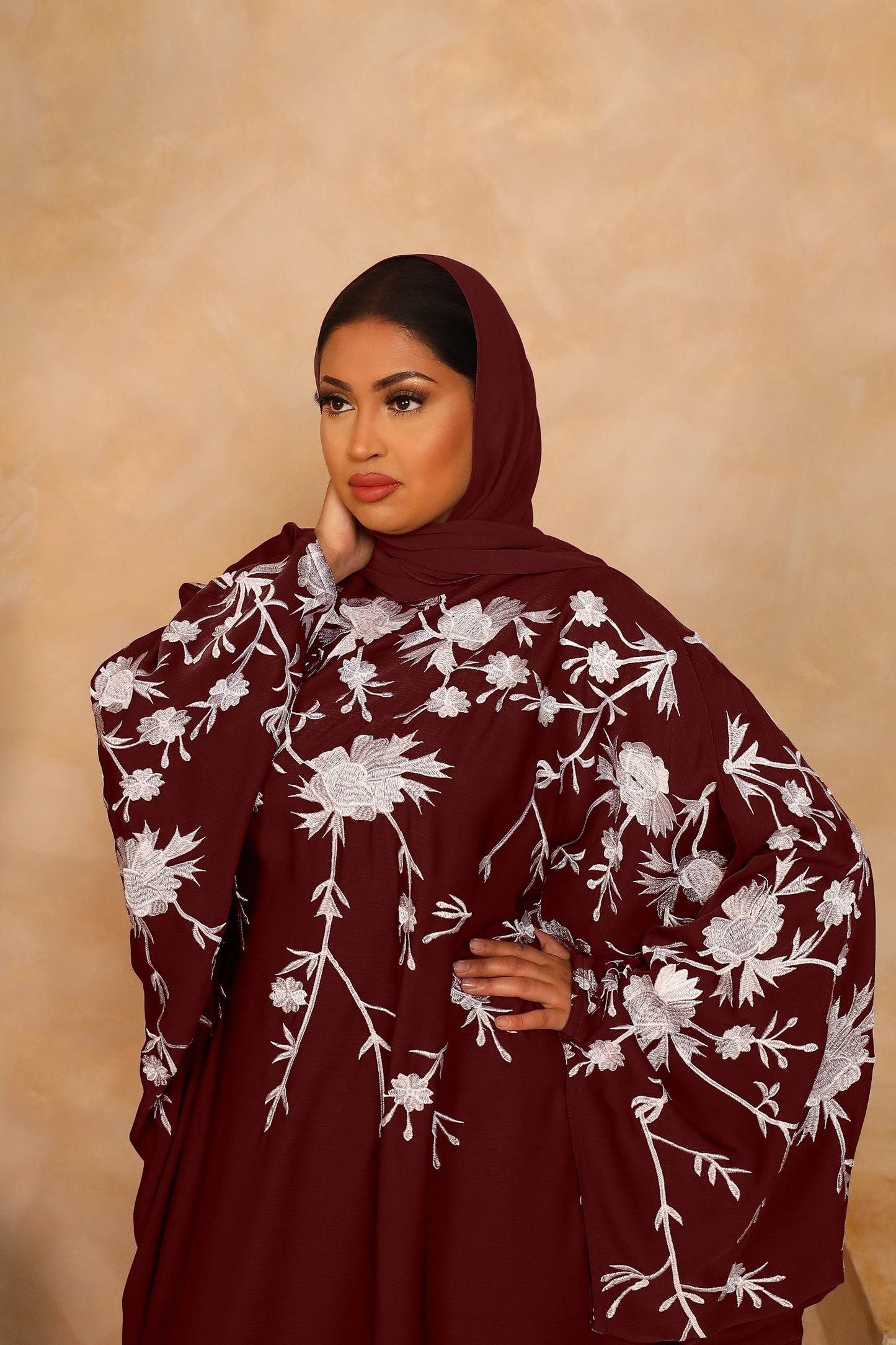 Aziza Farasha Embroidered Abaya in Maroon and White