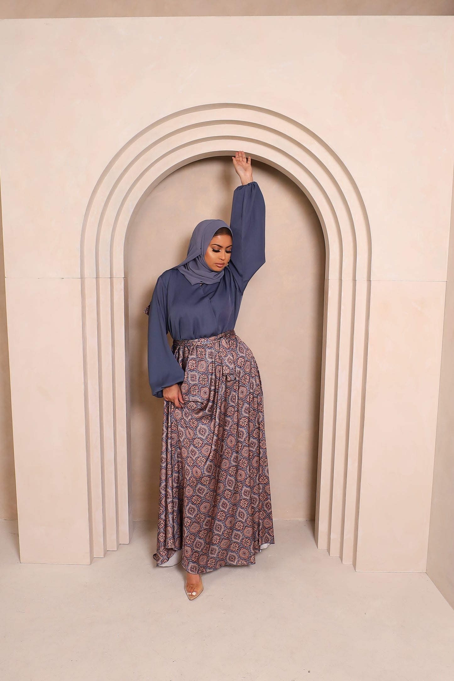 Amal flared Abaya in Grey Nida and a Indian prints