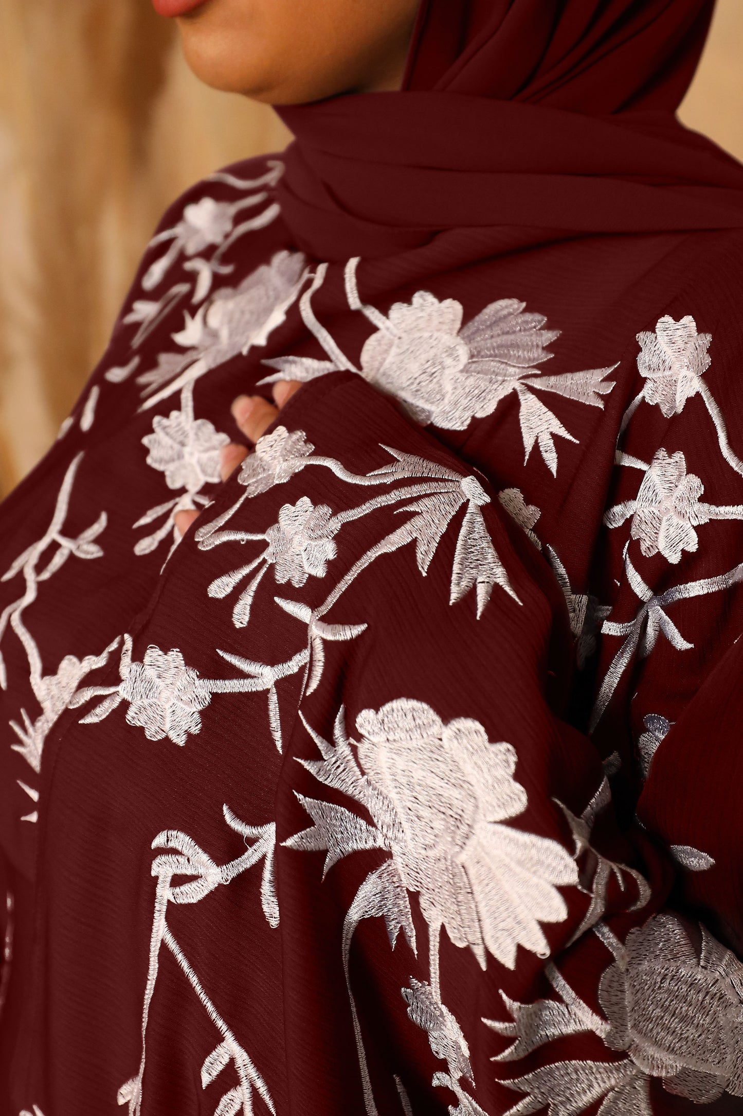 Aziza Farasha Embroidered Abaya in Maroon and White