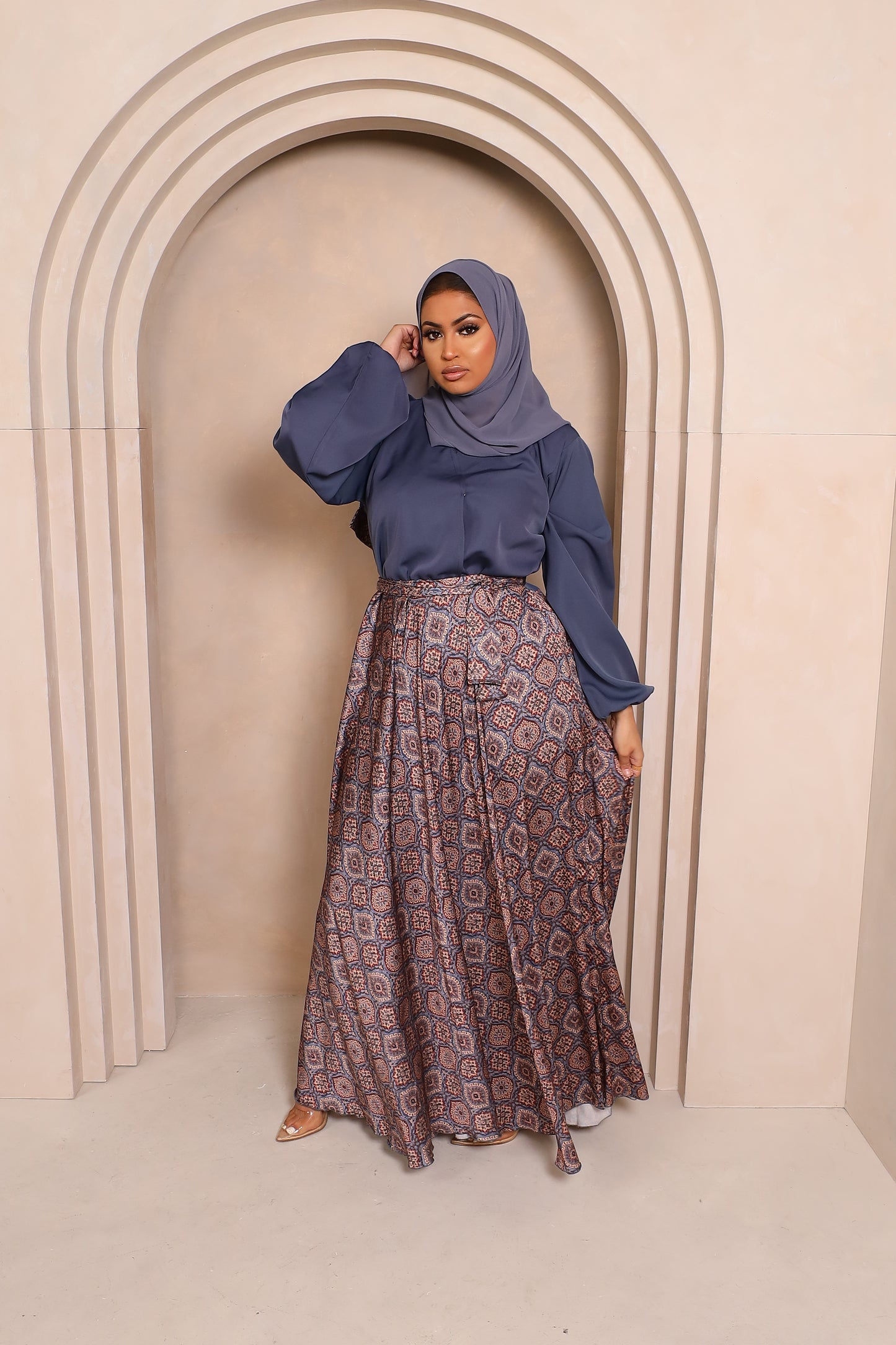 Amal flared Abaya in Grey Nida and a Indian prints