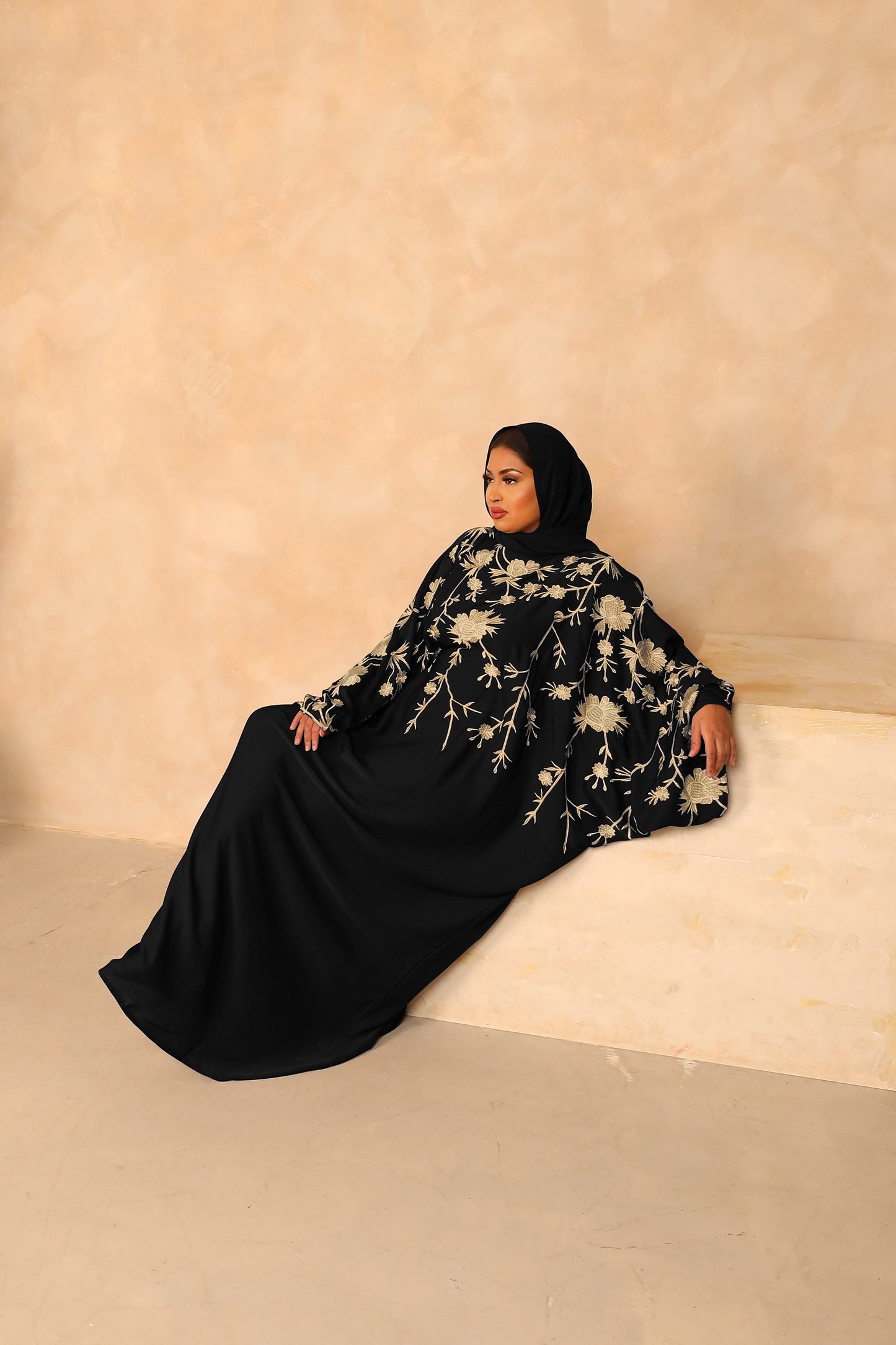 Aziza Farasha Embroidered Abaya in Black and Beige