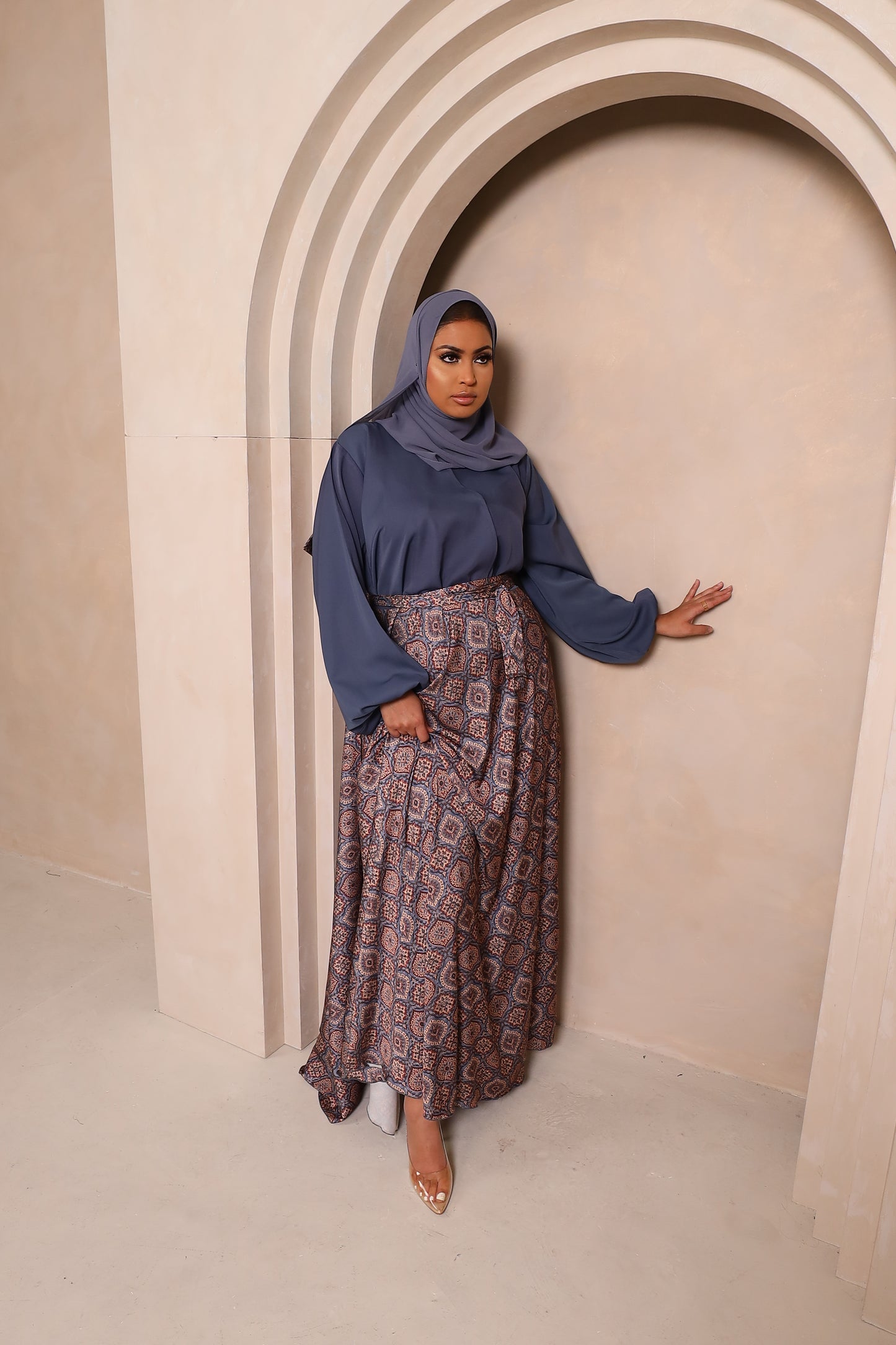 Amal flared Abaya in Grey Nida and a Indian prints