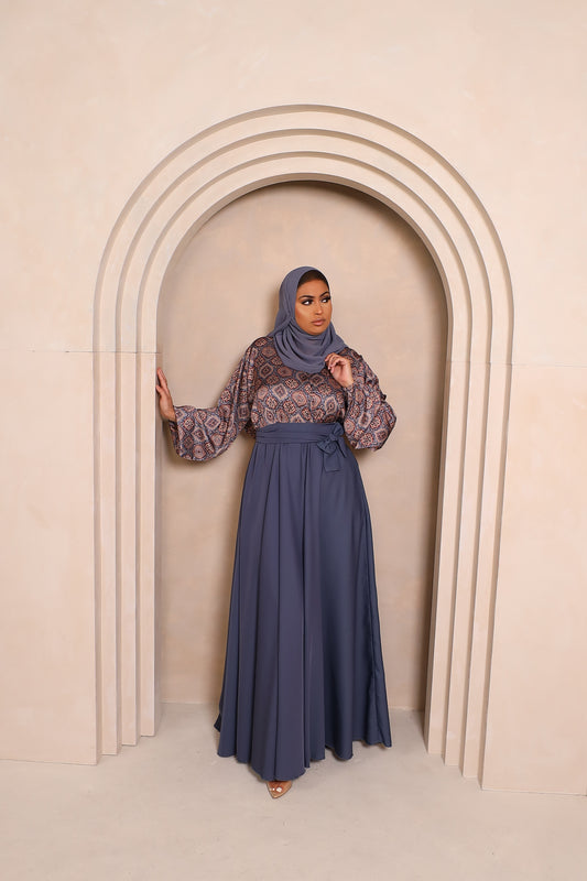 Amal flared Abaya in an Indian Printed Blouse & Grey Nida Skirt