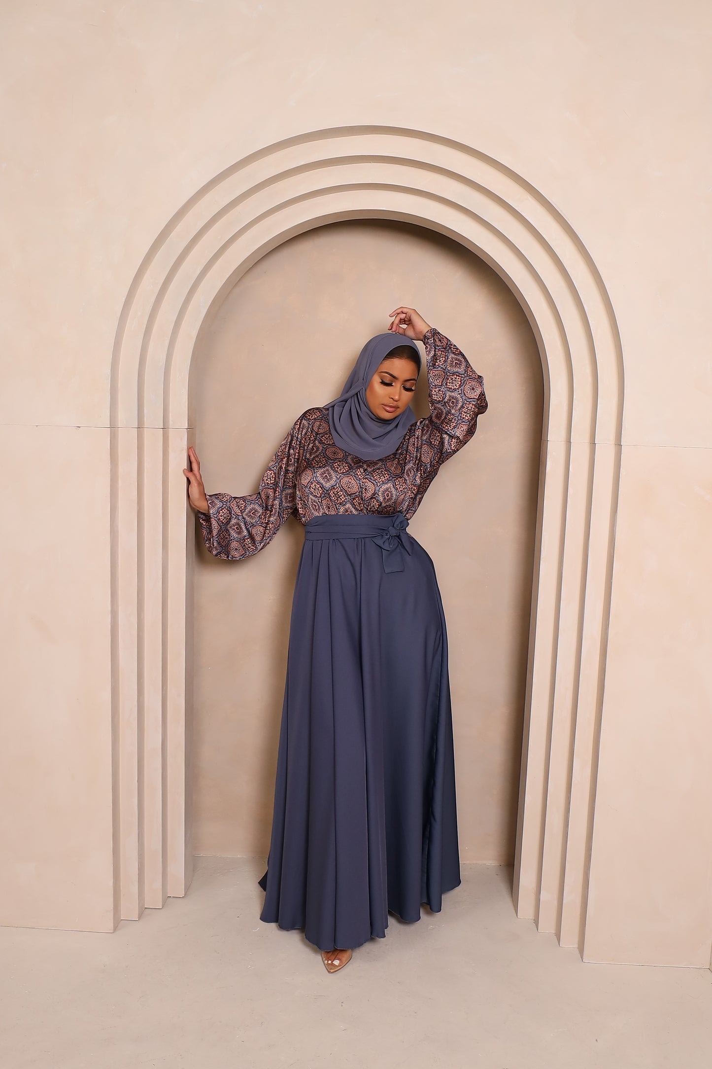 Amal flared Abaya in an Indian Printed Blouse & Grey Nida Skirt