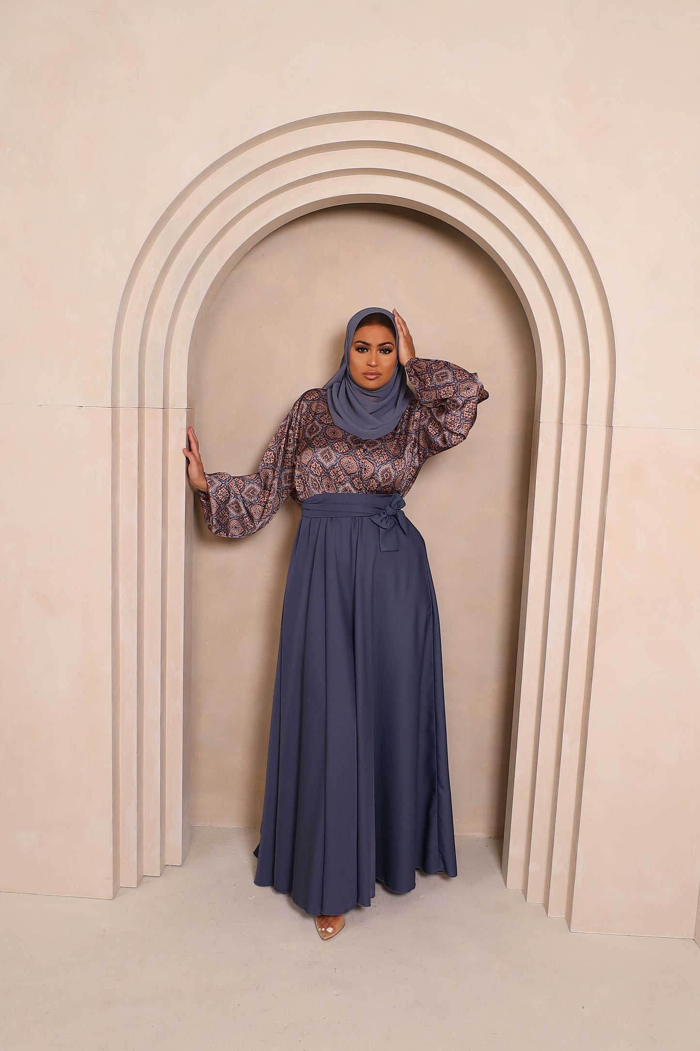 Amal flared Abaya in an Indian Printed Blouse & Grey Nida Skirt