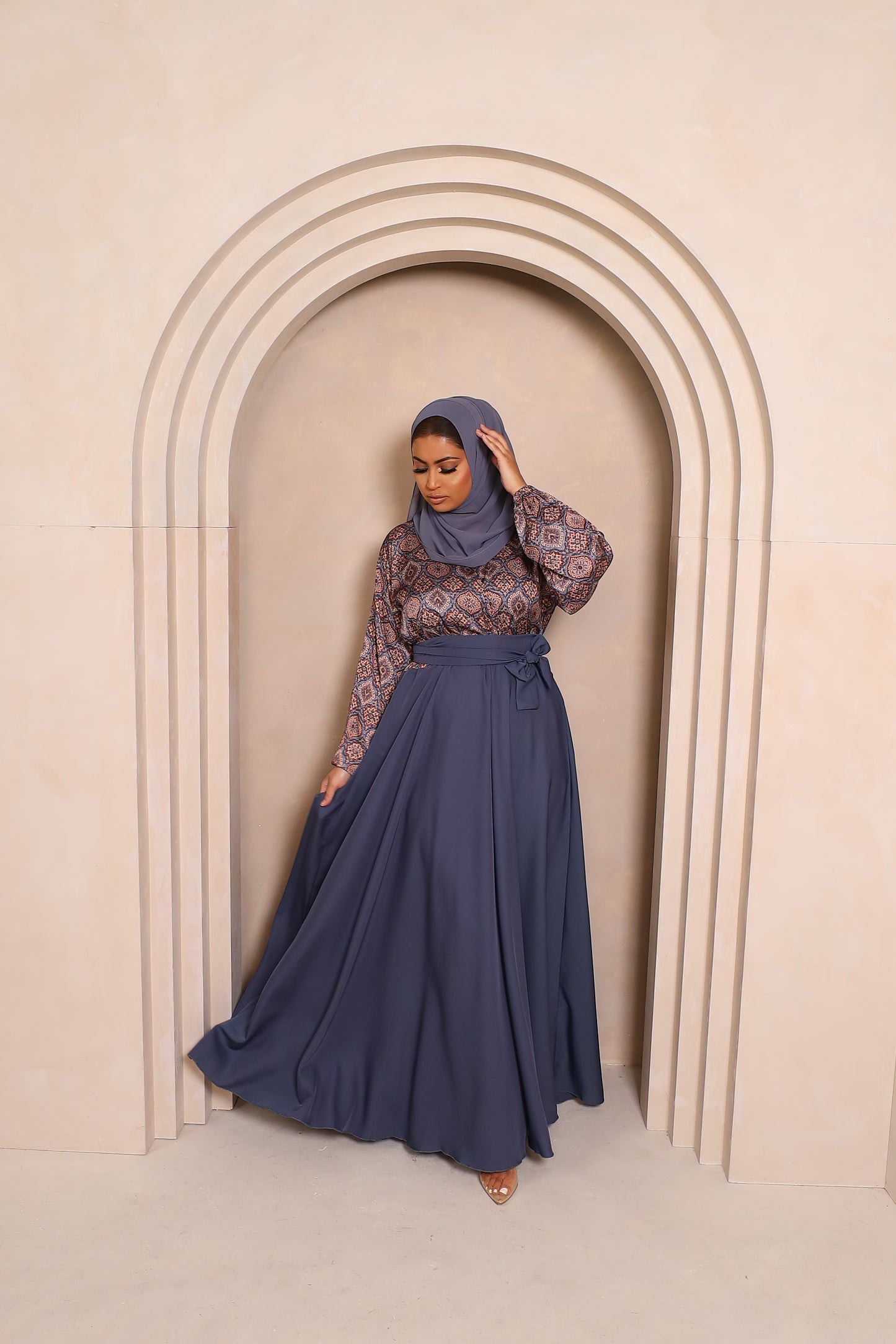 Amal flared Abaya in an Indian Printed Blouse & Grey Nida Skirt