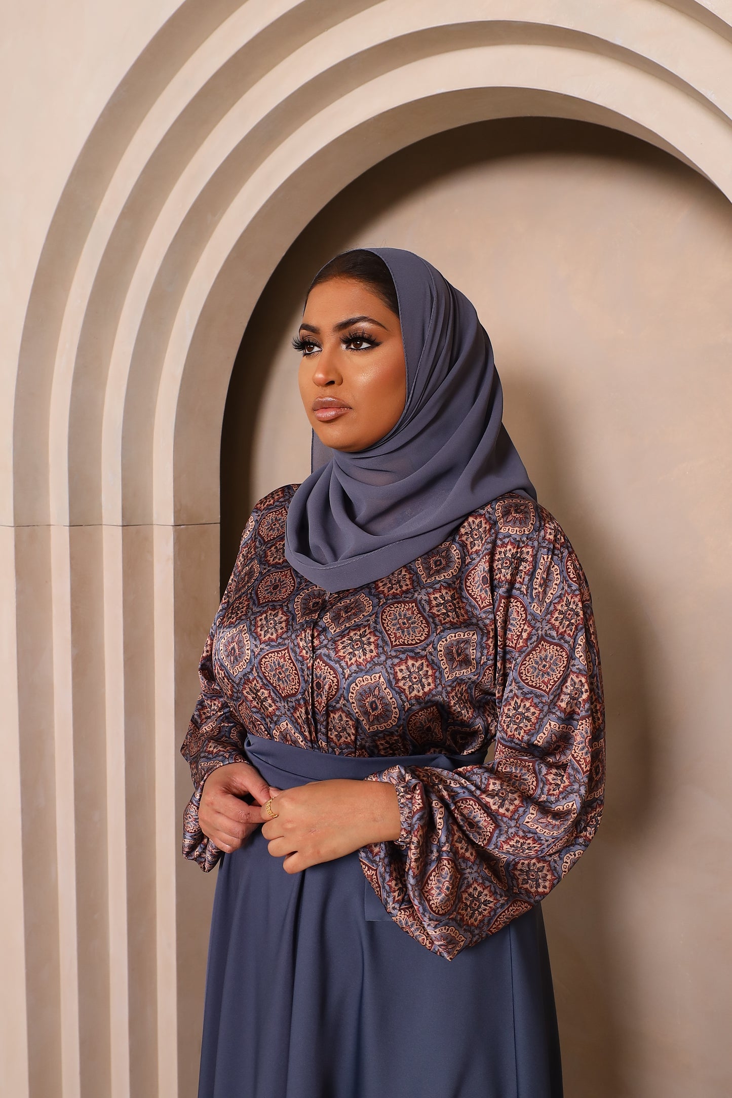 Amal flared Abaya in an Indian Printed Blouse & Grey Nida Skirt