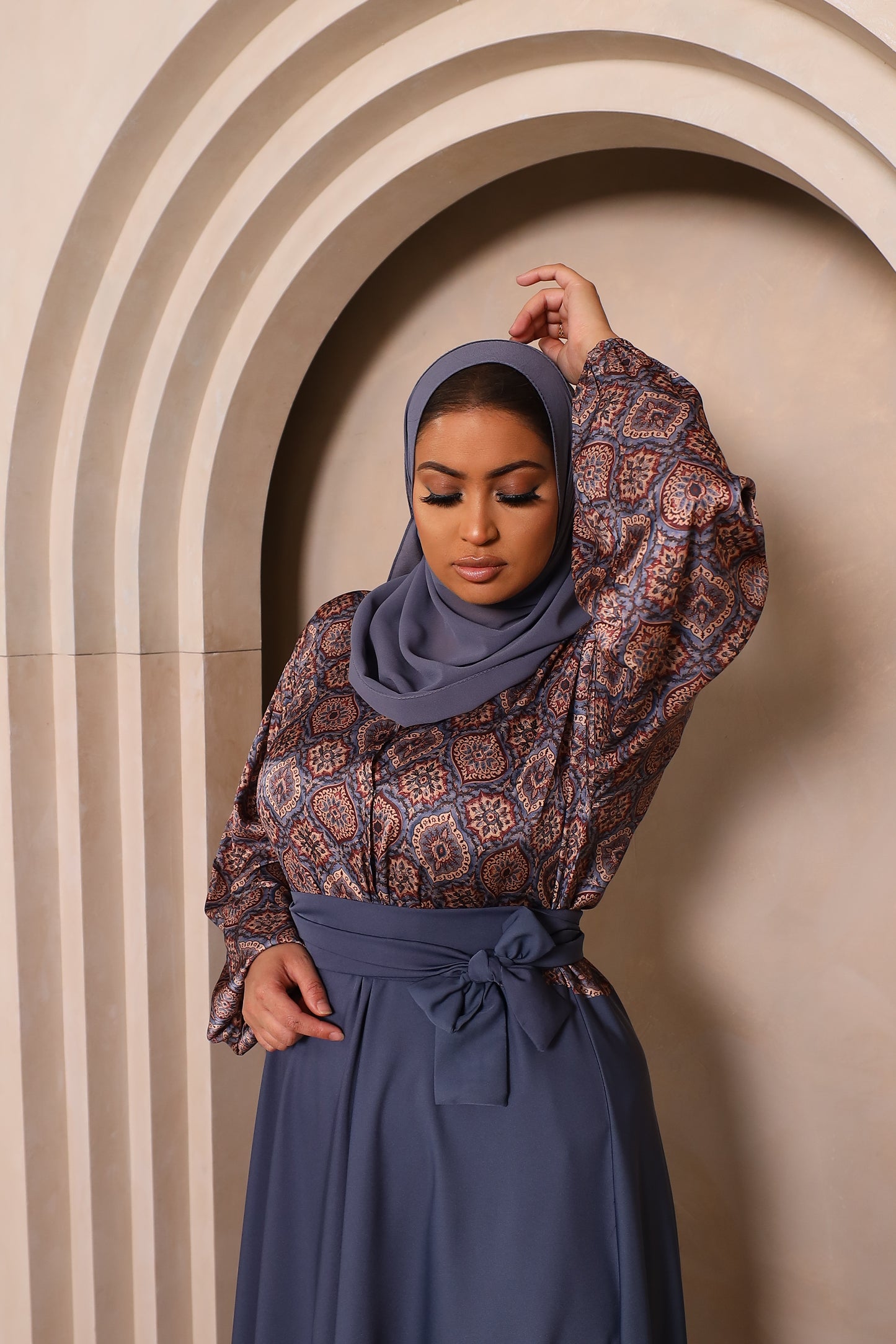 Amal flared Abaya in an Indian Printed Blouse & Grey Nida Skirt