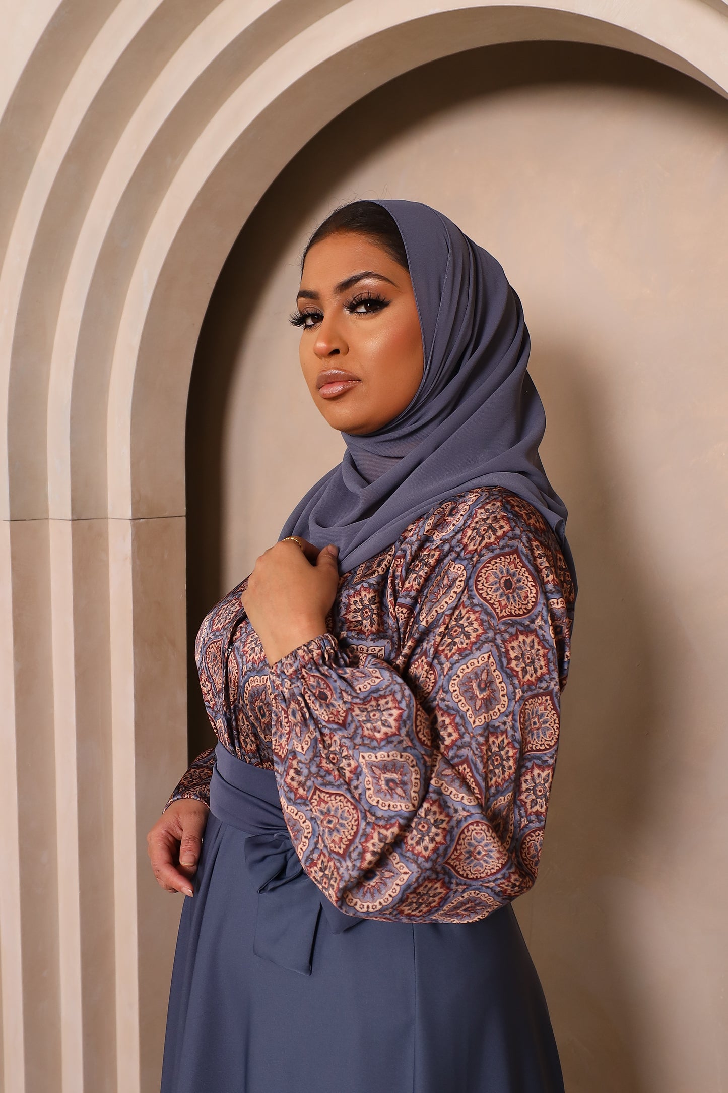 Amal flared Abaya in an Indian Printed Blouse & Grey Nida Skirt