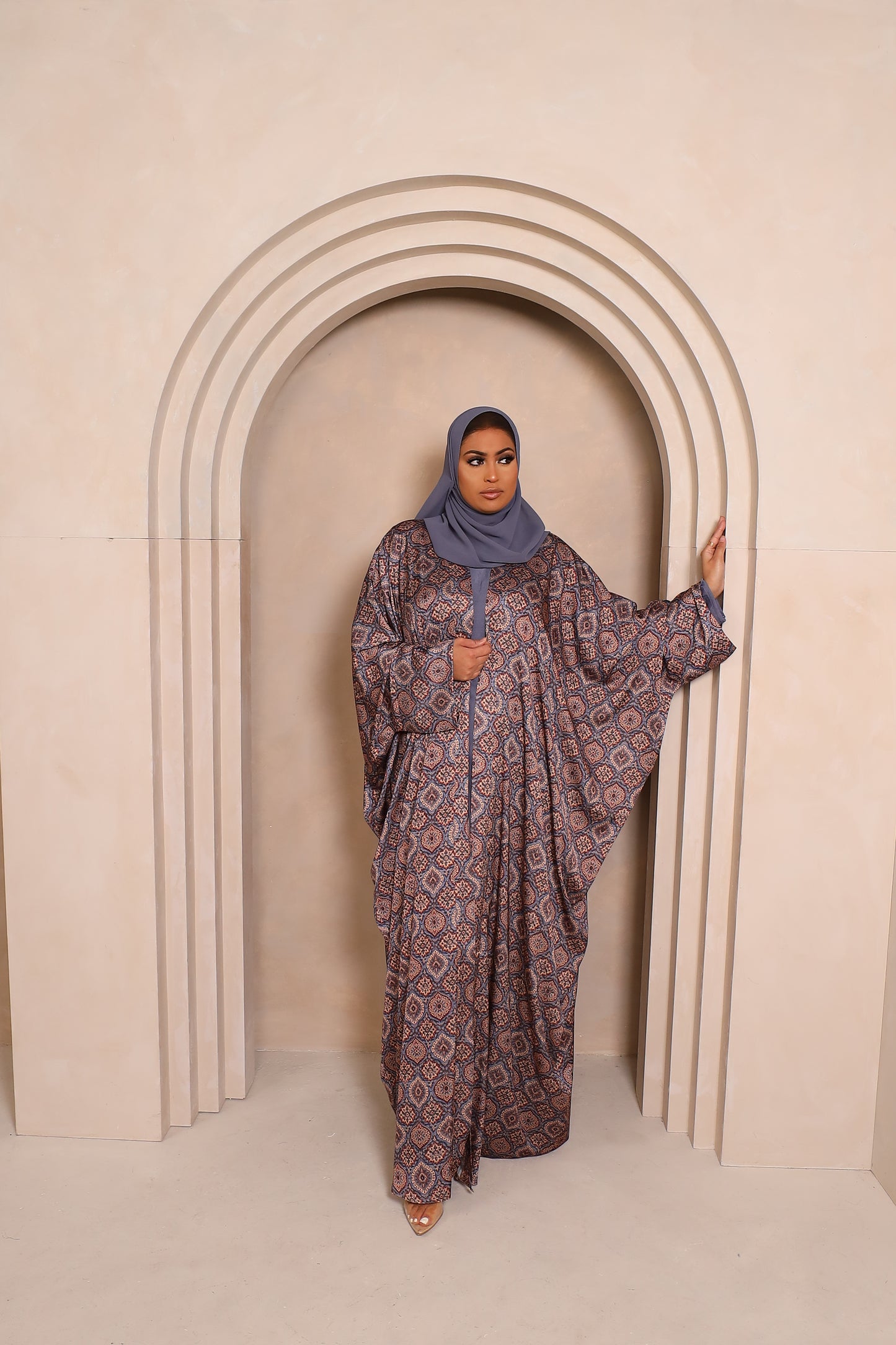 Zahra Indian Grey Farasha Open Jacket Abaya with Blue Grey Inner -  4 piece set