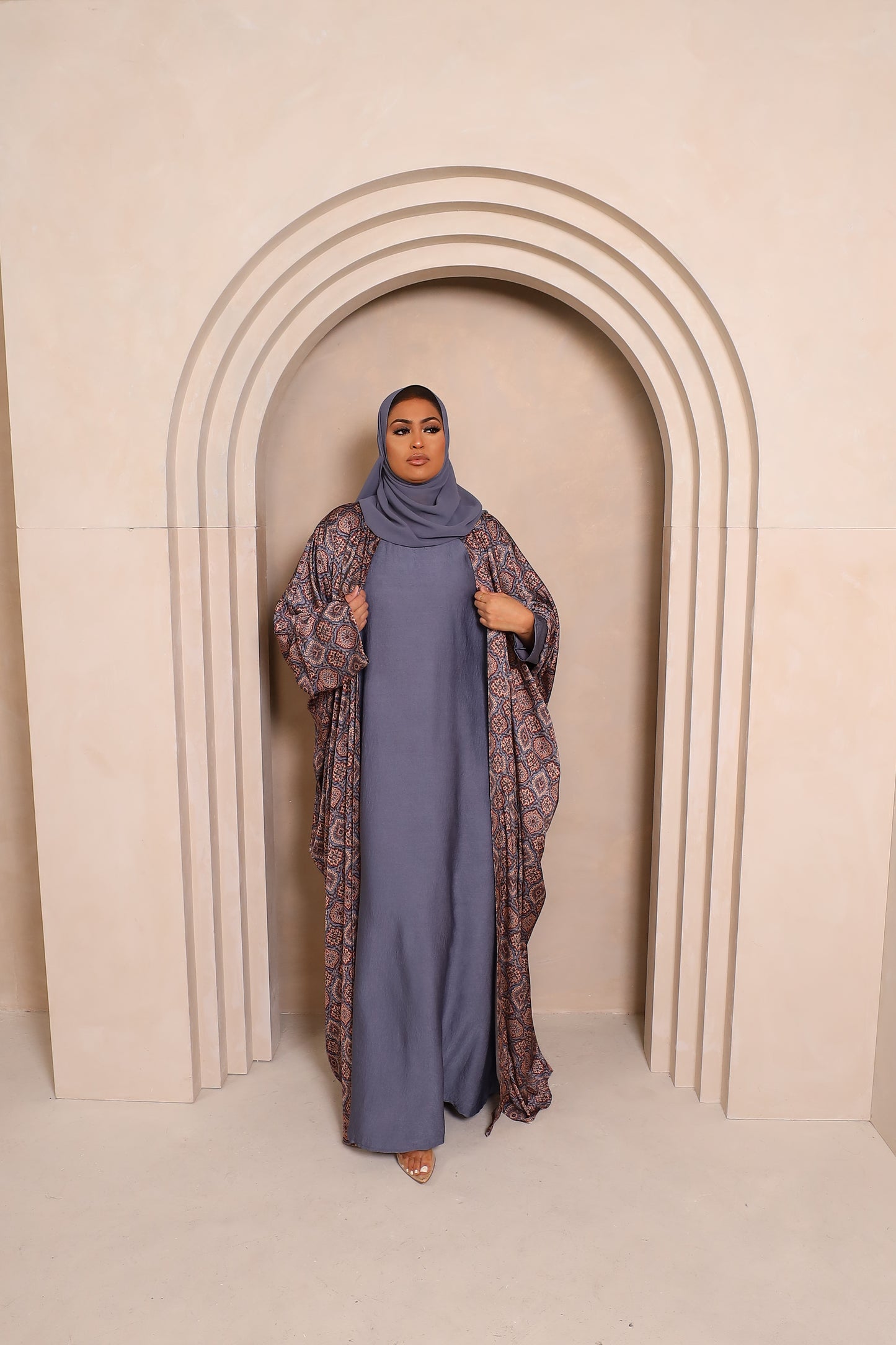 Zahra Indian Grey Farasha Open Jacket Abaya with Blue Grey Inner -  4 piece set