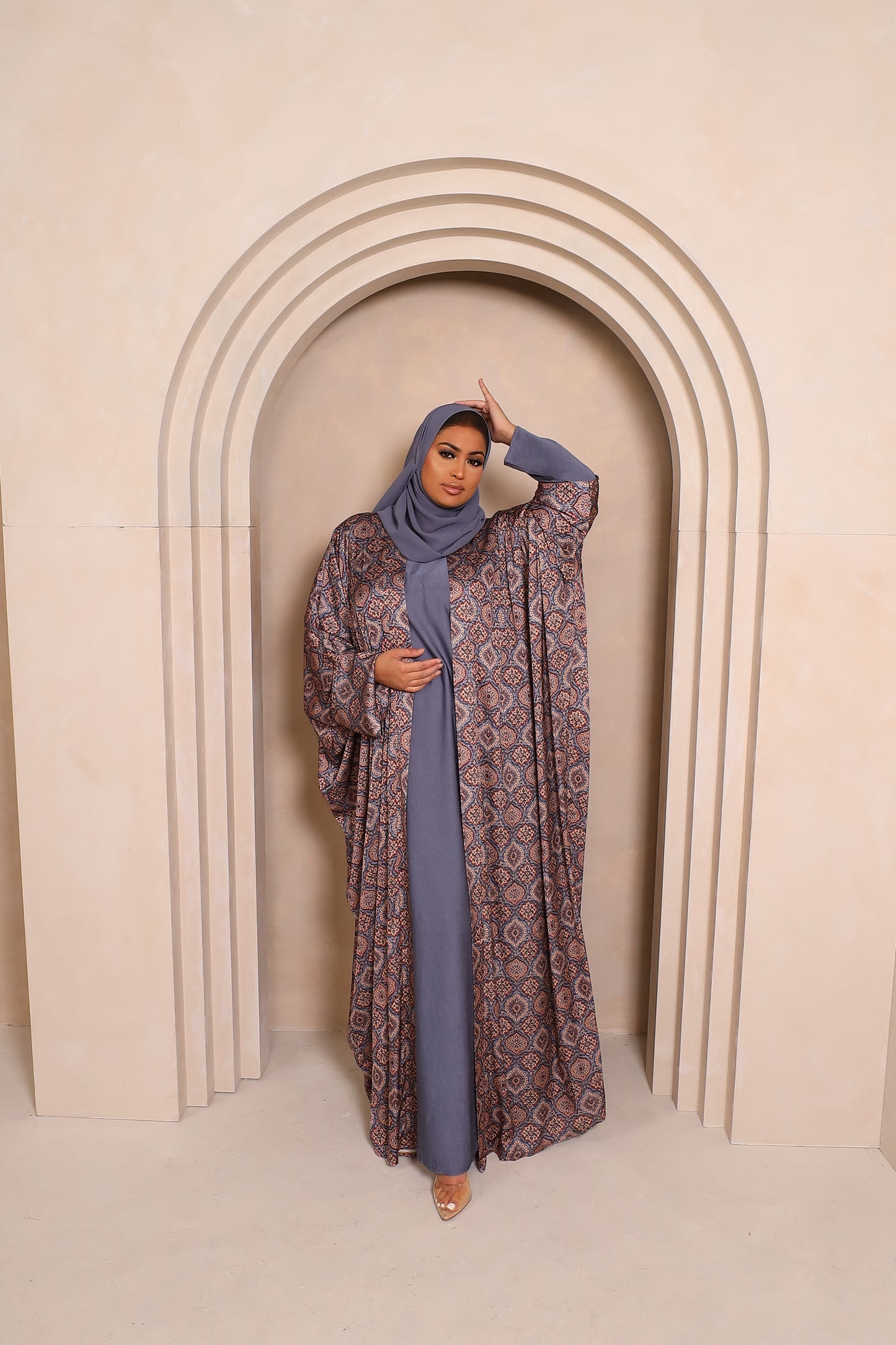 Zahra Indian Grey Farasha Open Jacket Abaya with Blue Grey Inner -  4 piece set