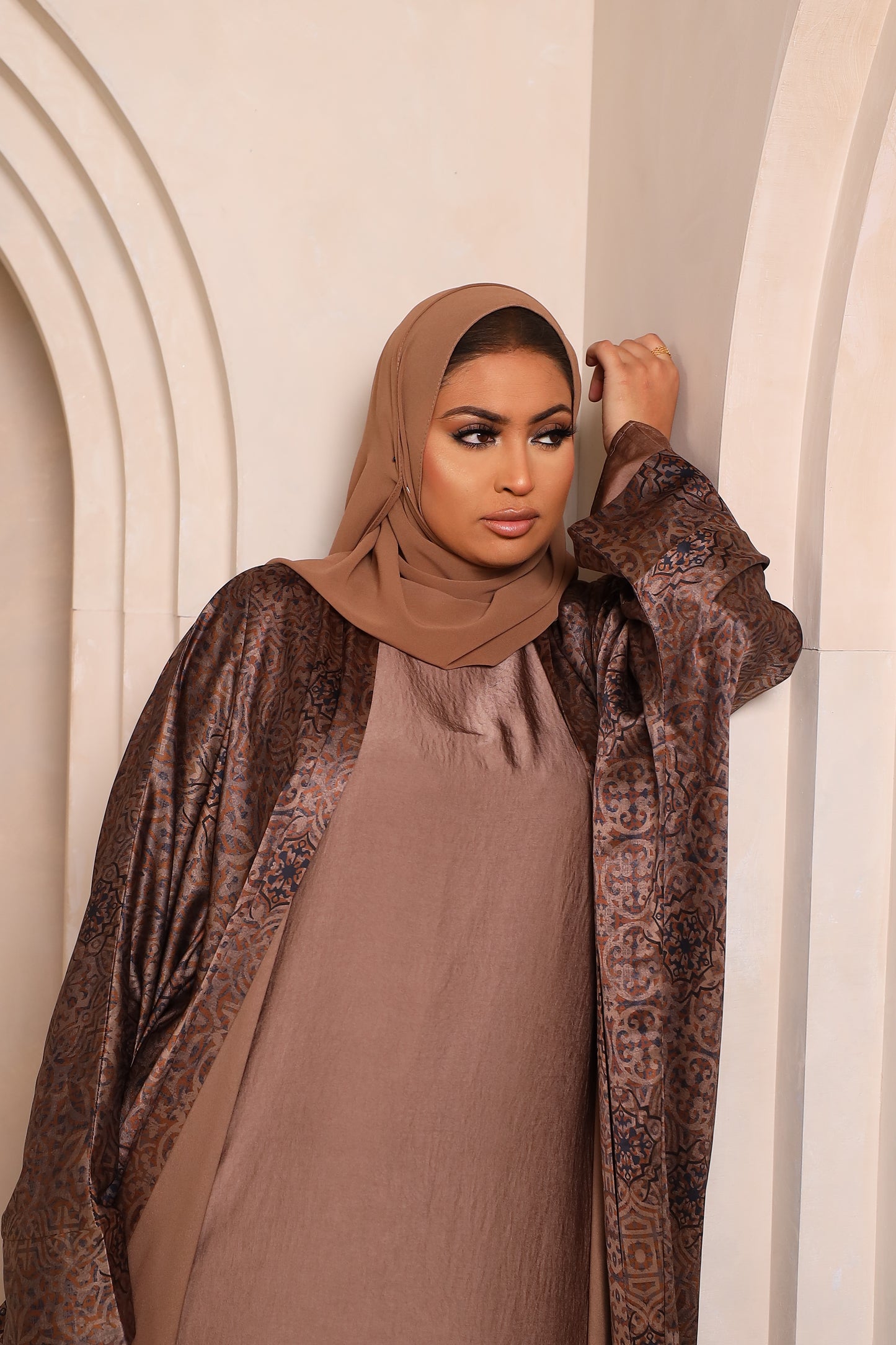 Zahra Moroccan floral Farasha Open Jacket Abaya with Taupe Inner -  4 piece set