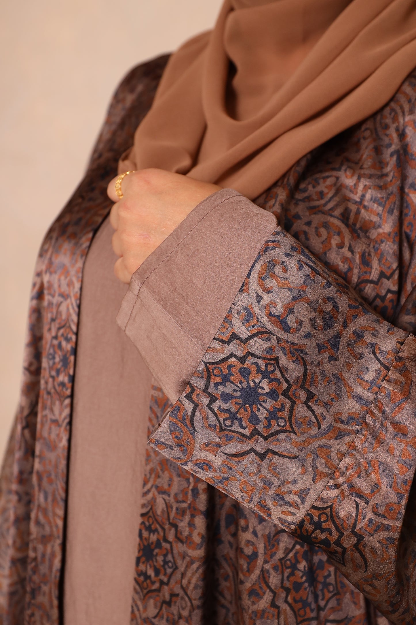 Zahra Moroccan floral Farasha Open Jacket Abaya with Taupe Inner -  4 piece set