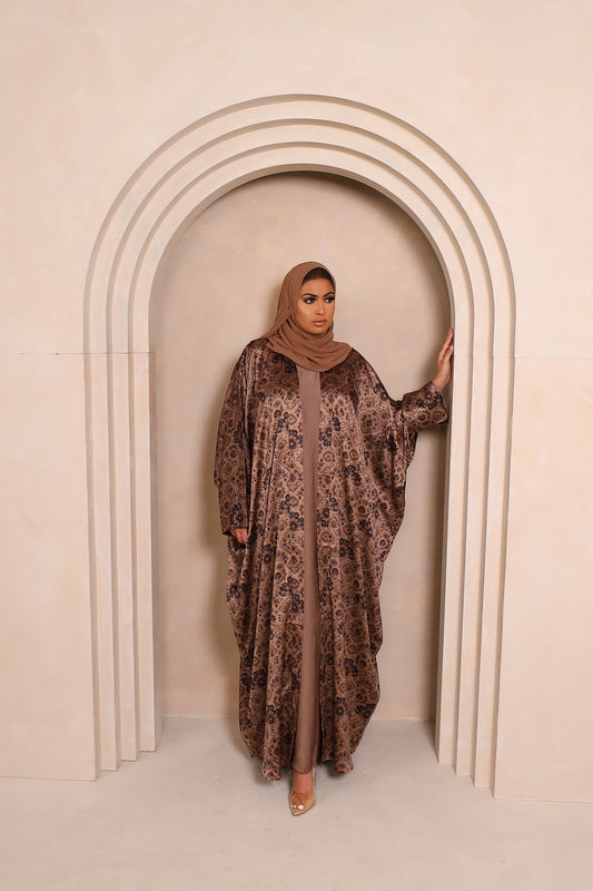 Zahra Persian floral Farasha Open Jacket Abaya with Taupe Inner -  4 piece set