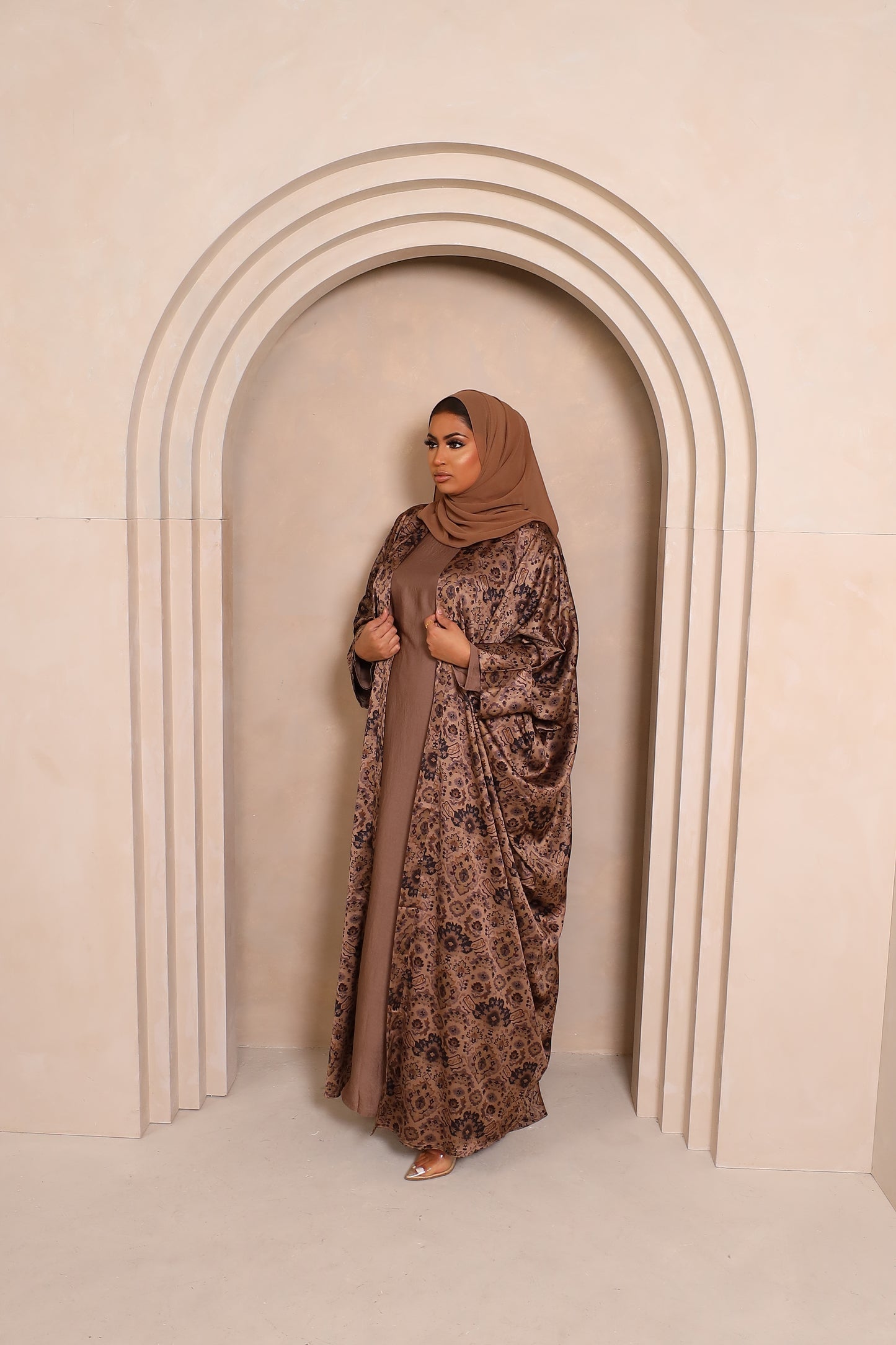 Zahra Persian floral Farasha Open Jacket Abaya with Taupe Inner -  4 piece set