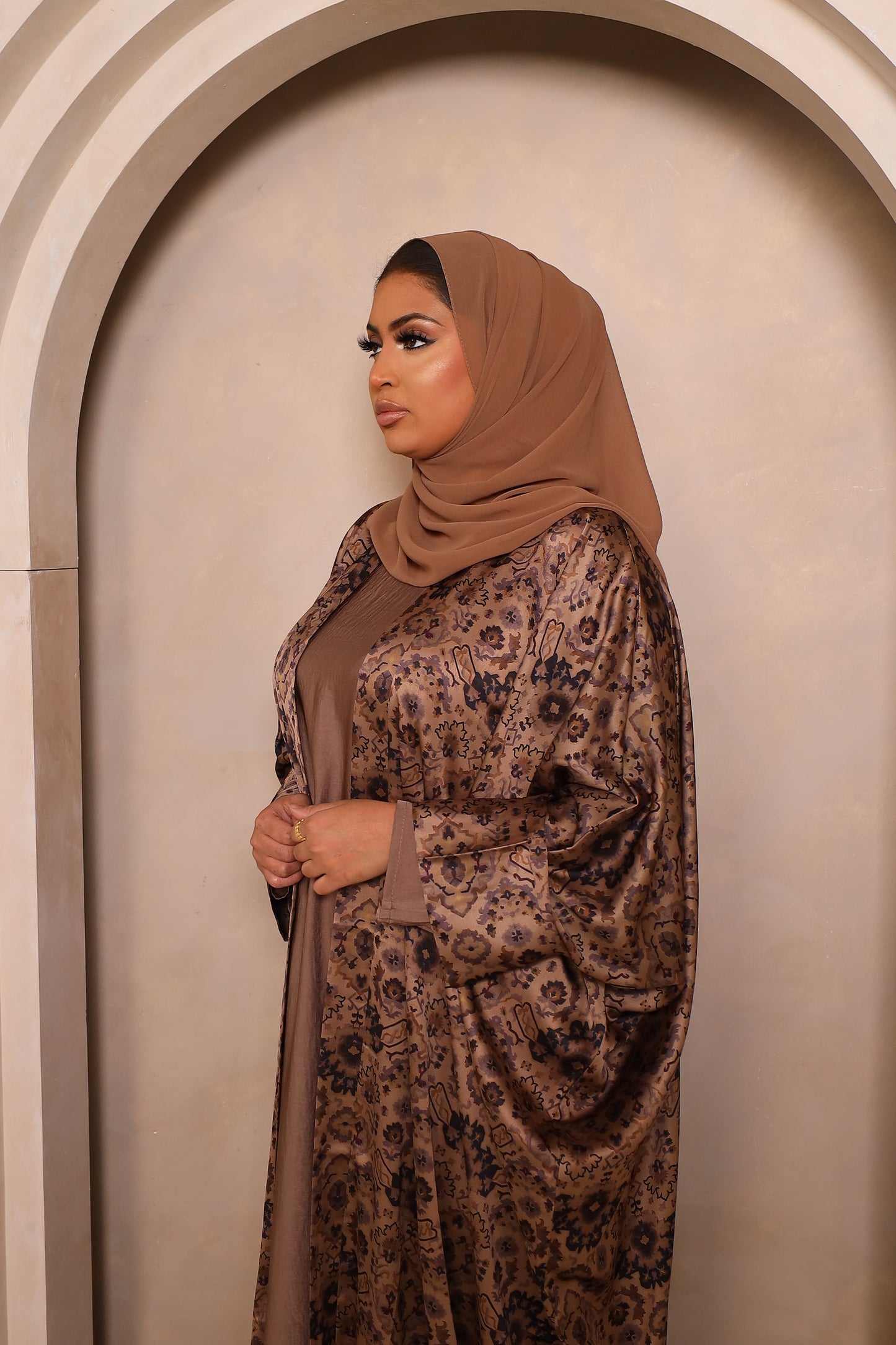 Zahra Persian floral Farasha Open Jacket Abaya with Taupe Inner -  4 piece set