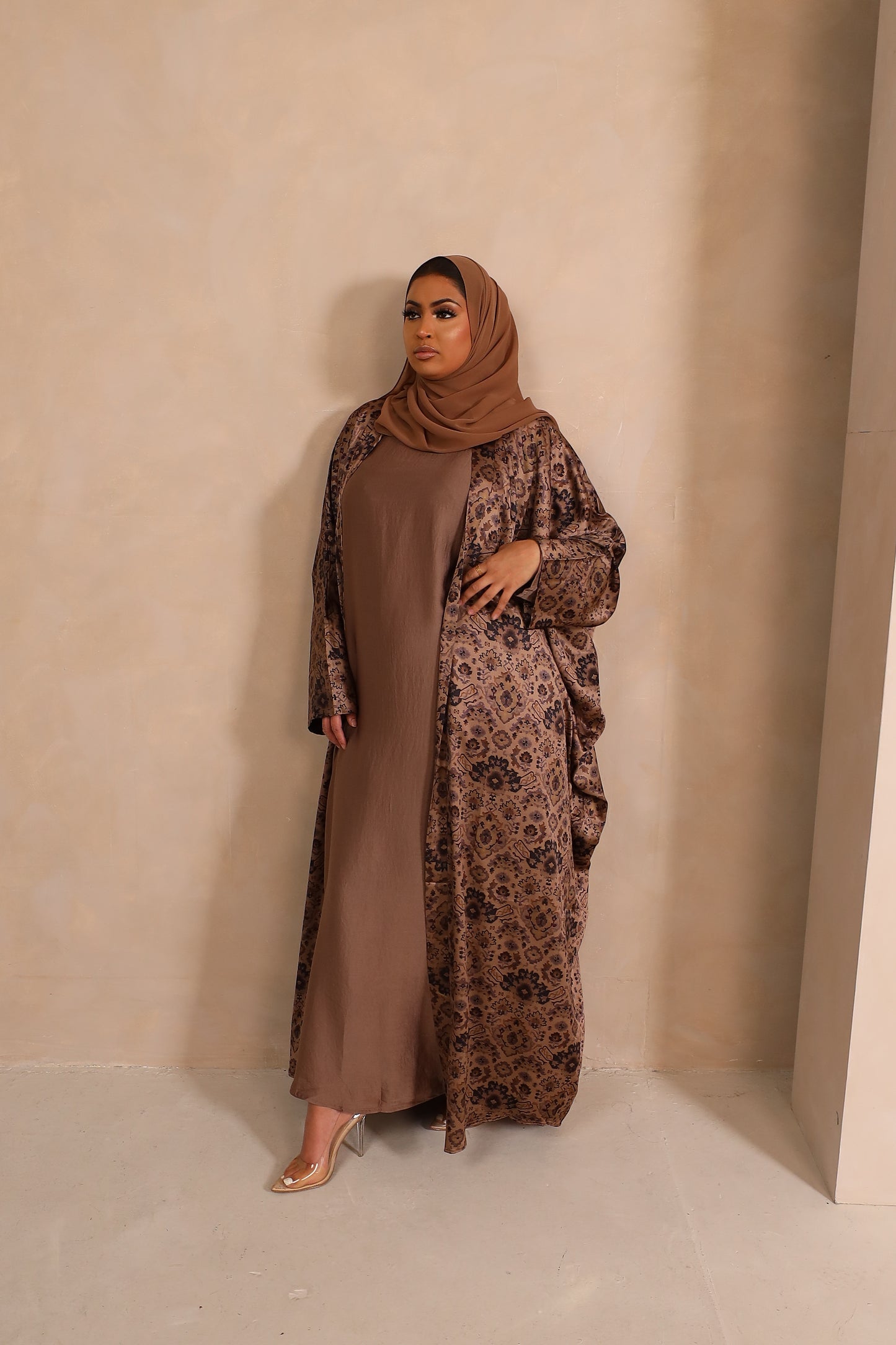 Zahra Persian floral Farasha Open Jacket Abaya with Taupe Inner -  4 piece set
