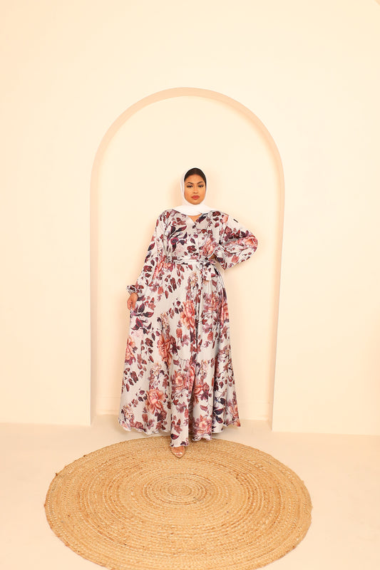 Amal Abaya Satin floral in pale Off White Grey and Plums