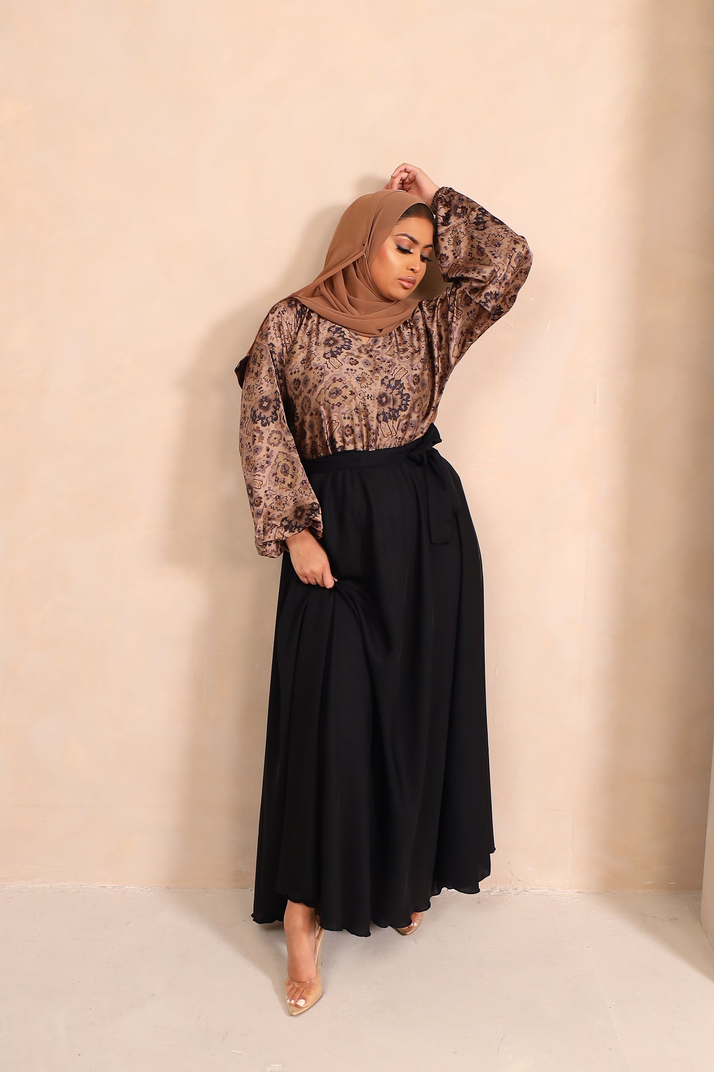 Amal flared Abaya in a Persian Printed Blouse with Black Nida Skit