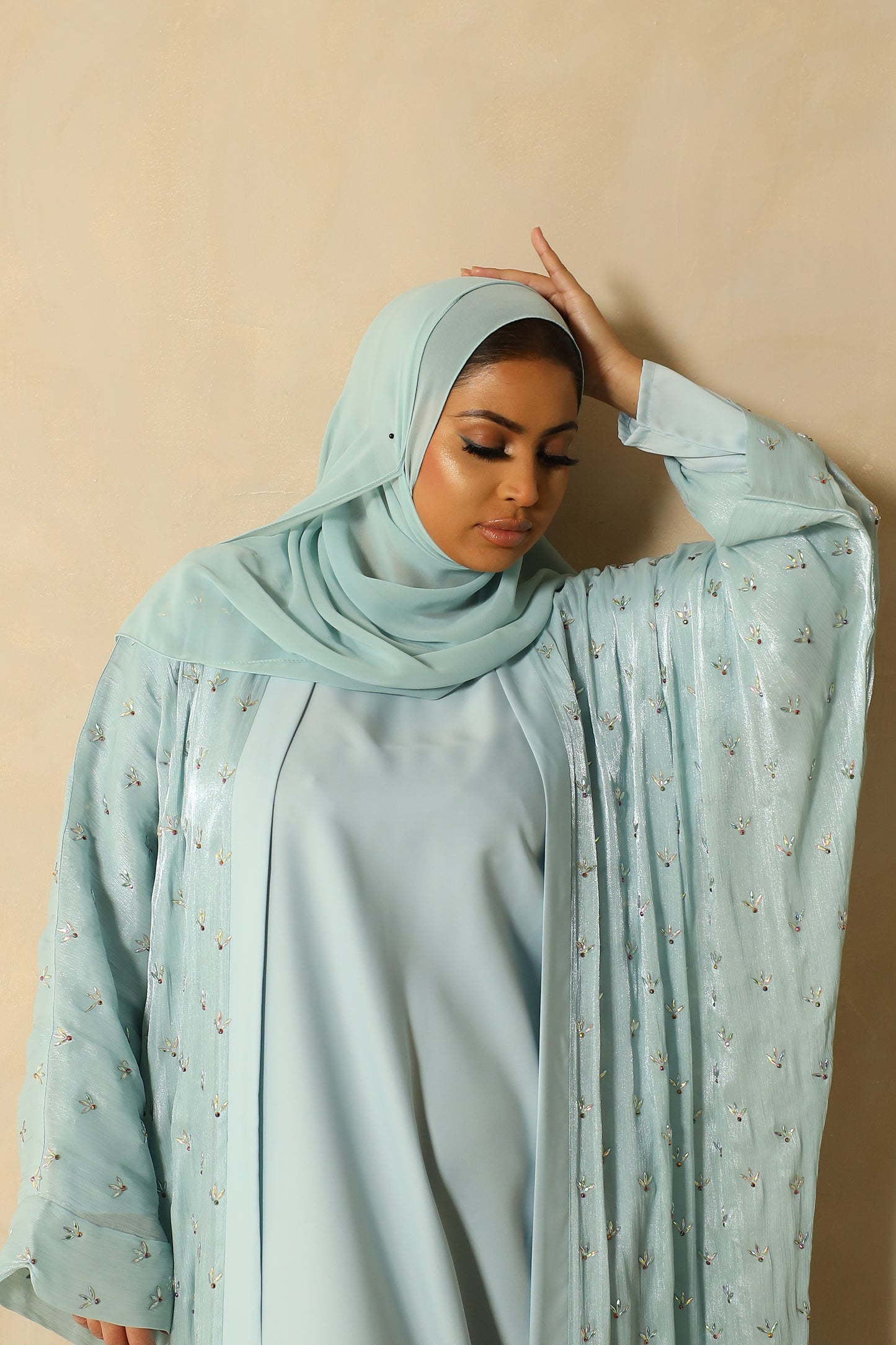 Zoya Stone embellished Organza Silk Farasha Open Jacket with Inner Abaya Duck egg Blue