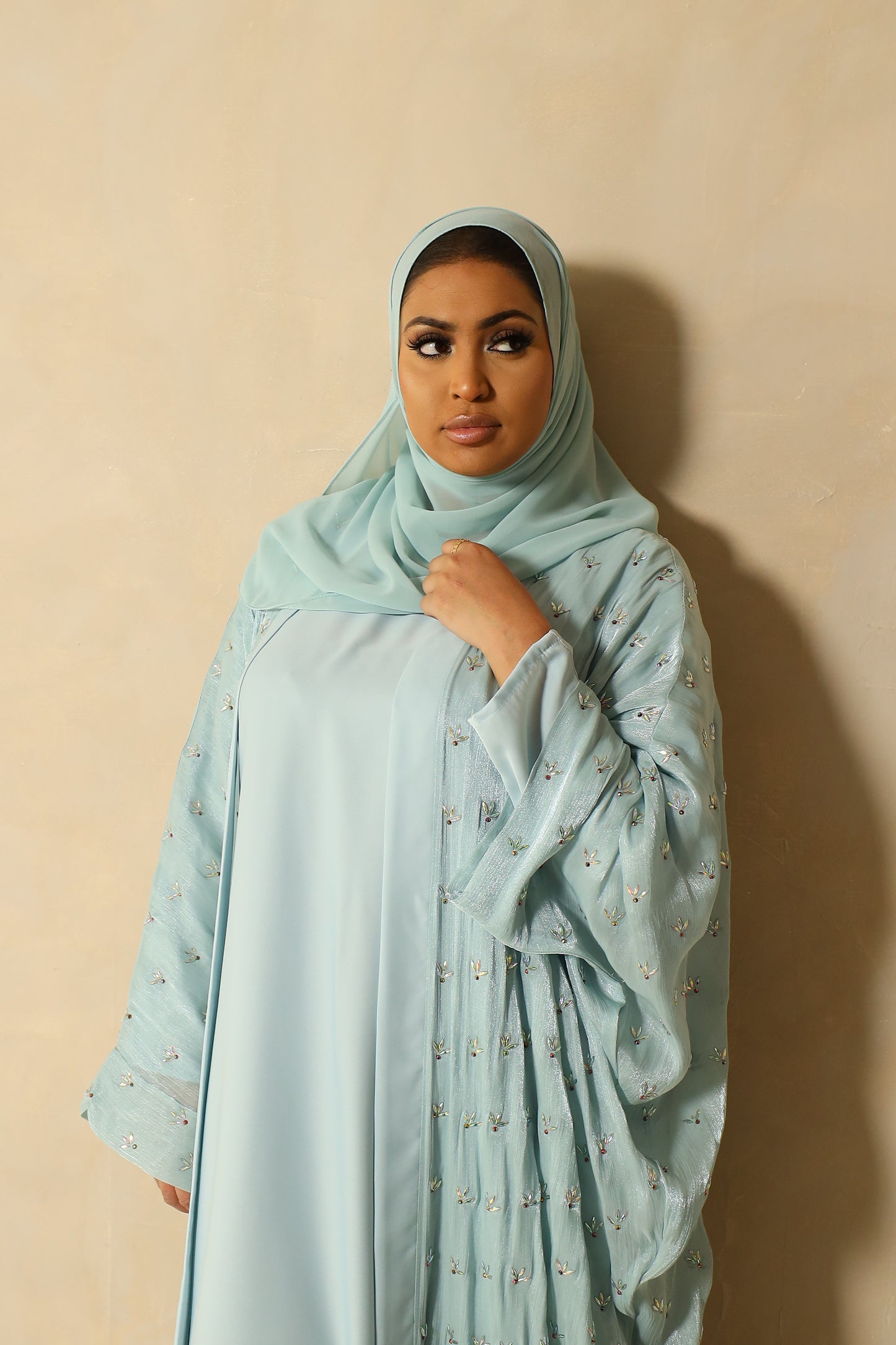 Zoya Stone embellished Organza Silk Farasha Open Jacket with Inner Abaya Duck egg Blue