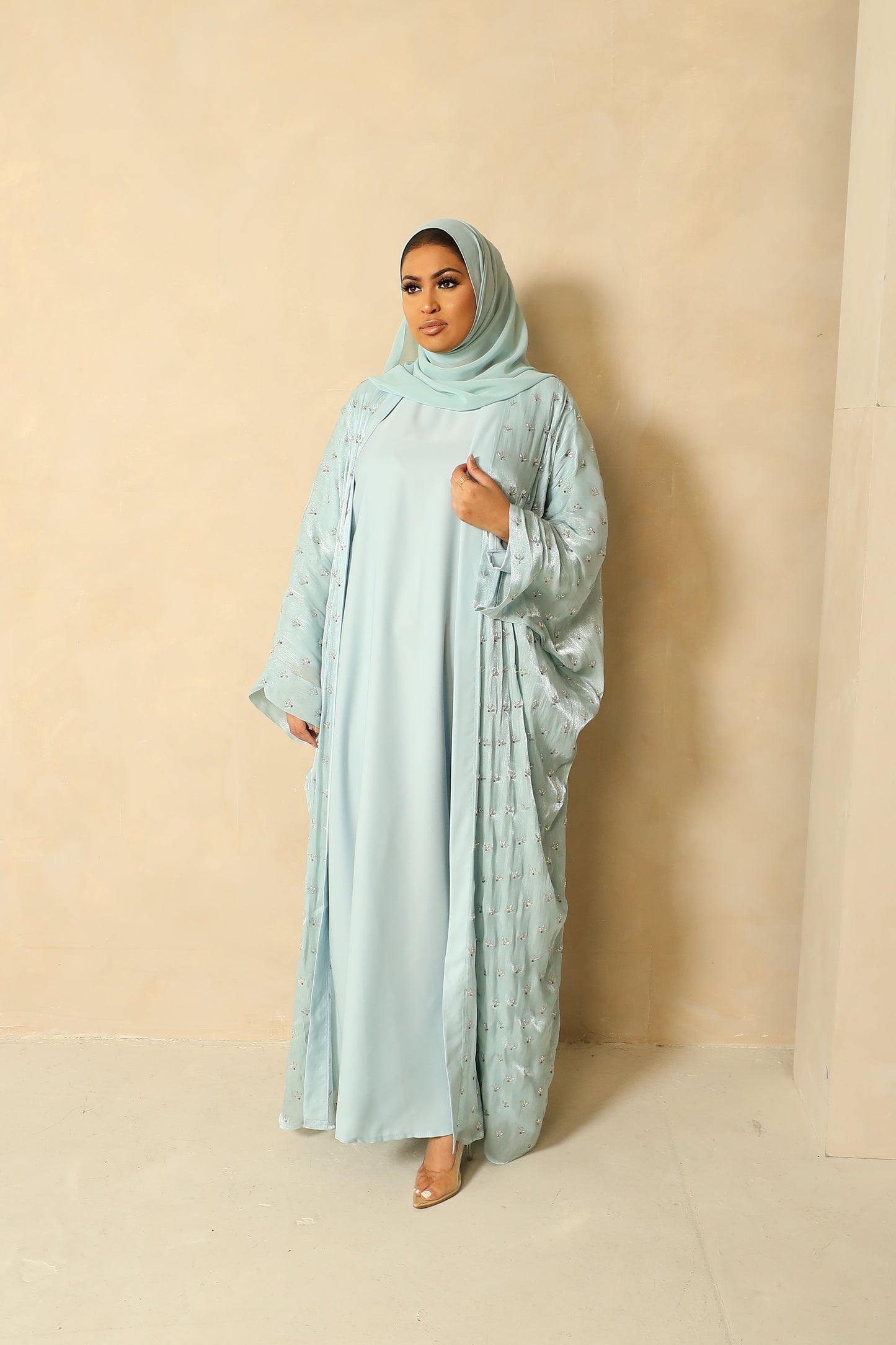 Zoya Stone embellished Organza Silk Farasha Open Jacket with Inner Abaya Duck egg Blue