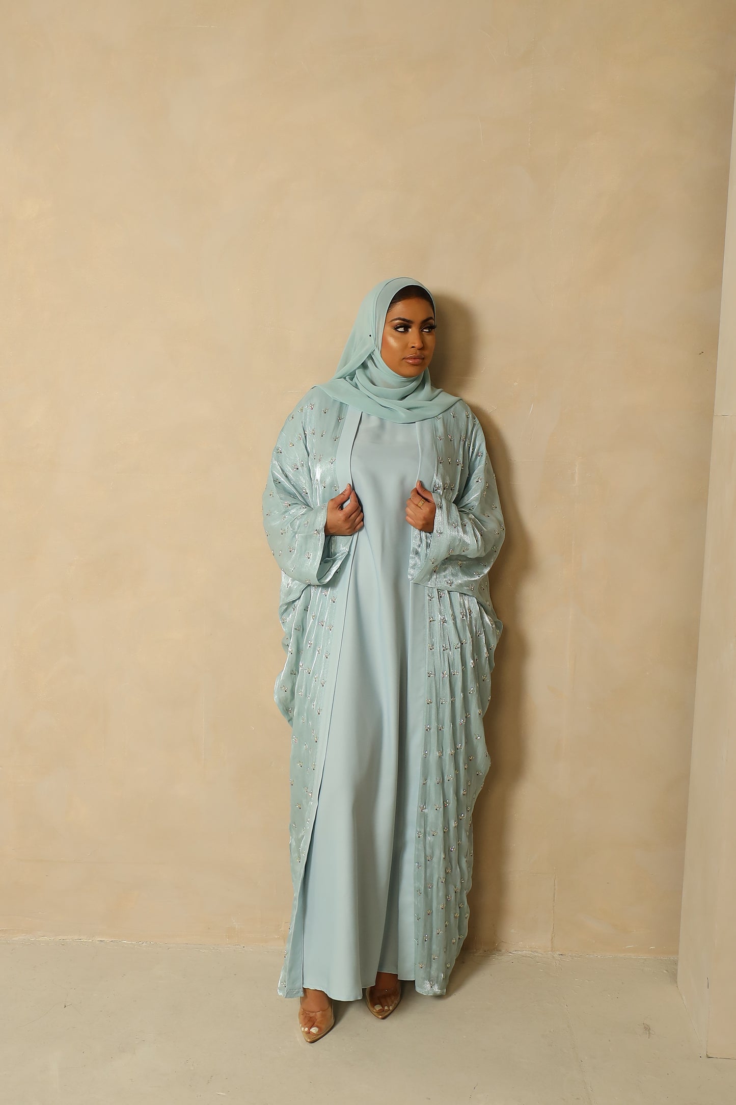 Zoya Stone embellished Organza Silk Farasha Open Jacket with Inner Abaya Duck egg Blue