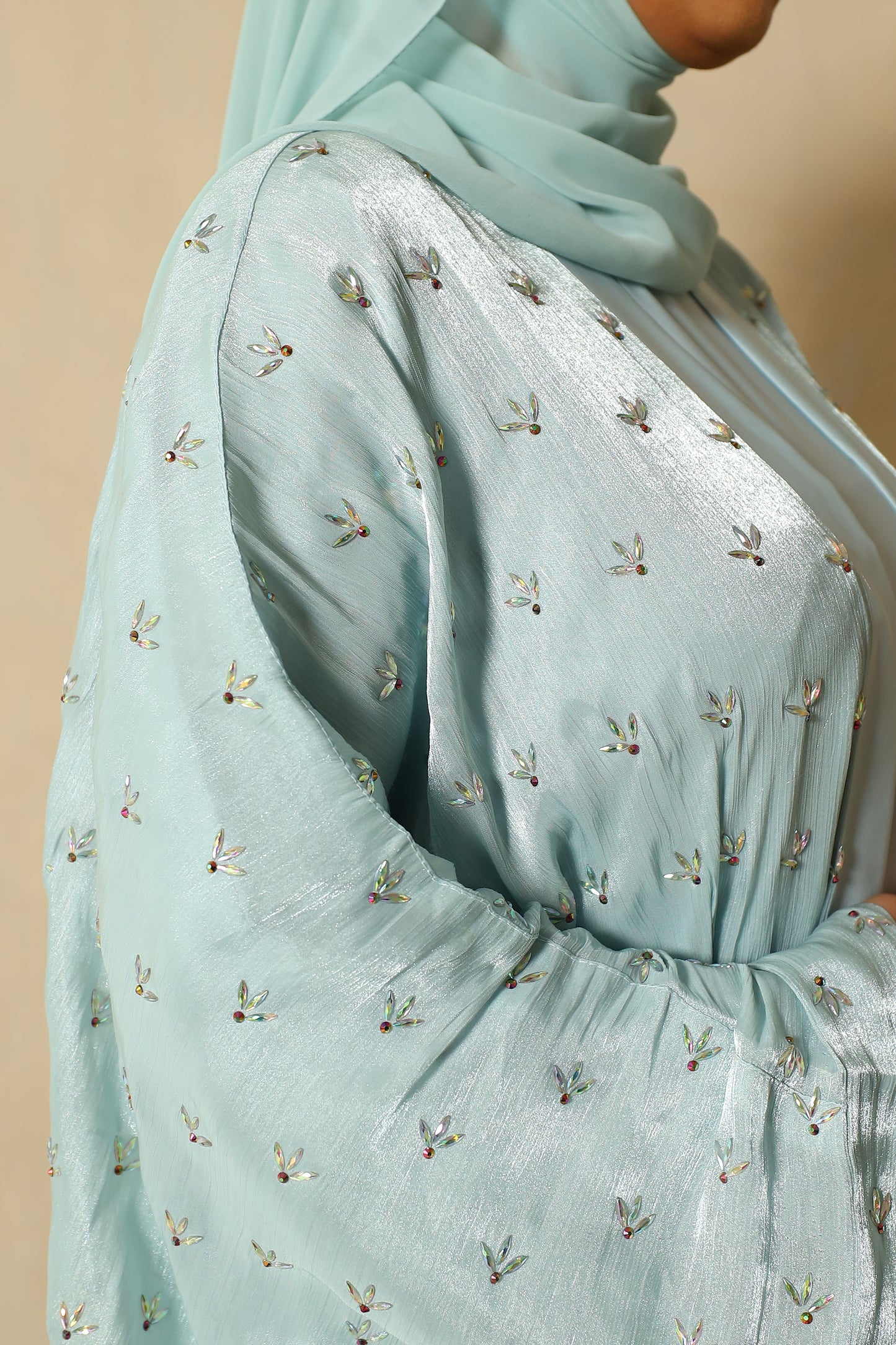 Zoya Stone embellished Organza Silk Farasha Open Jacket with Inner Abaya Duck egg Blue