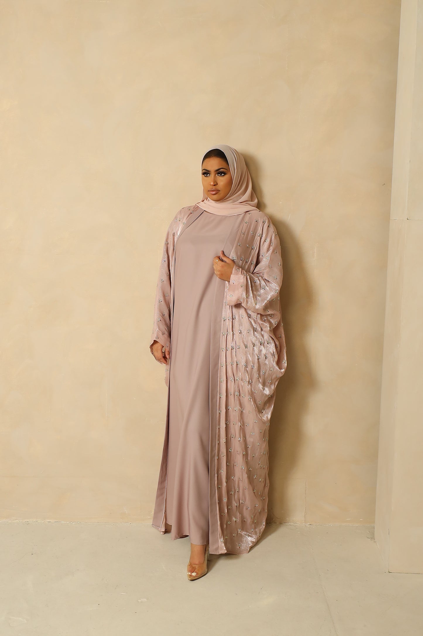 Zoya Stone embellished Organza Silk Farasha Open Jacket with Inner Abaya Duck egg Blue (Copy)