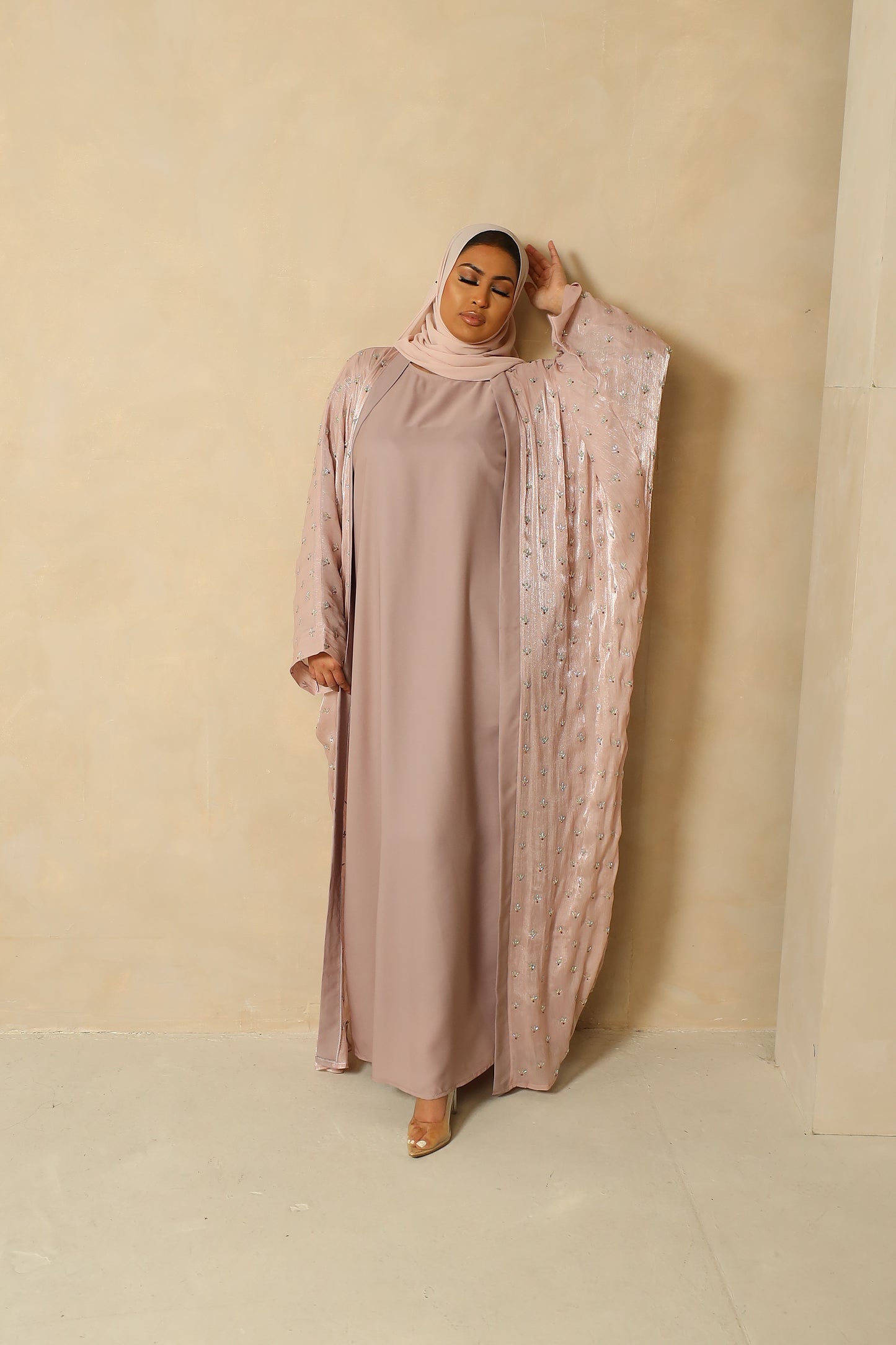 Zoya Stone embellished Organza Silk Farasha Open Jacket with Inner Abaya Duck egg Blue (Copy)