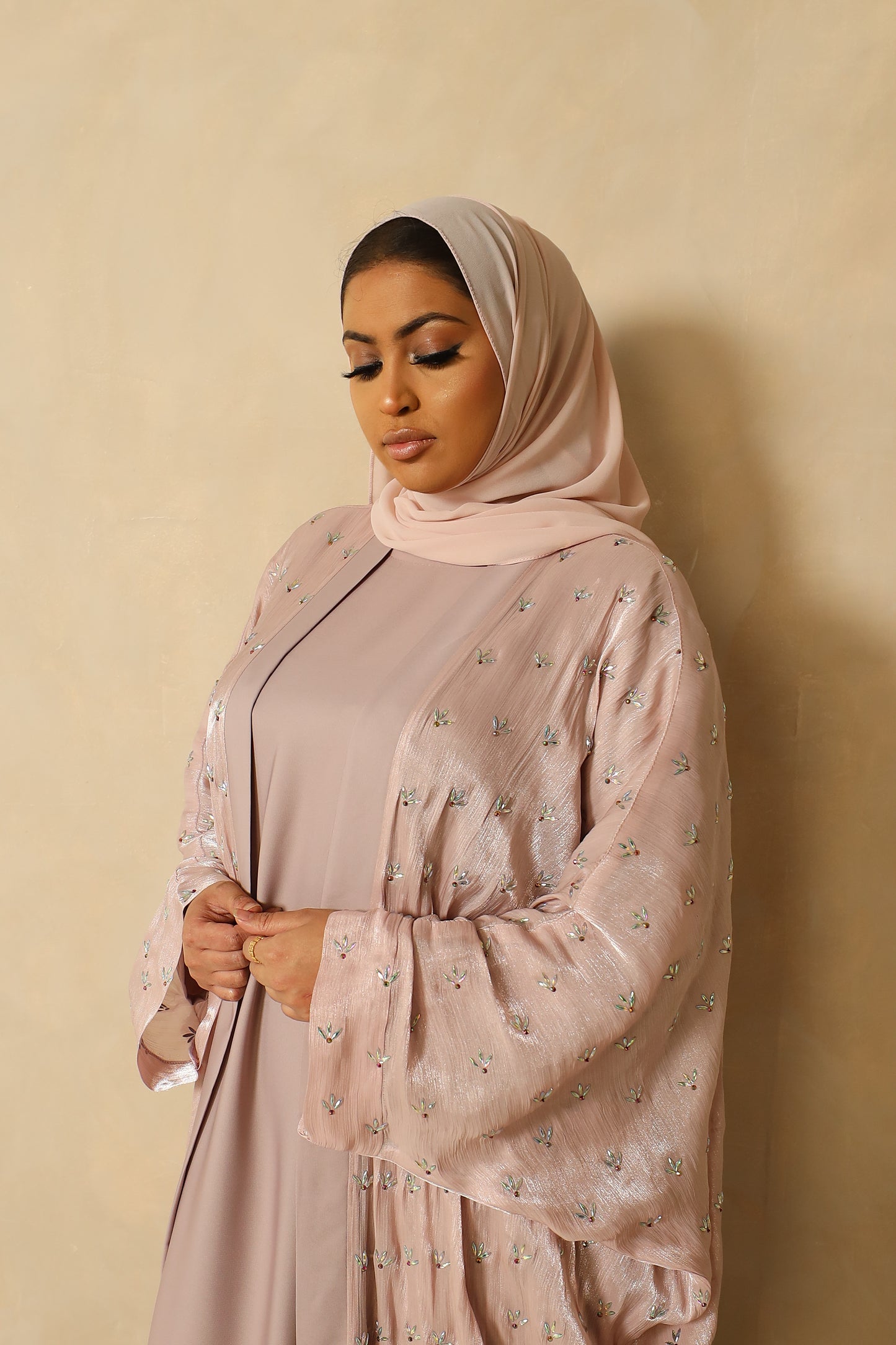 Zoya Stone embellished Organza Silk Farasha Open Jacket with Inner Abaya Duck egg Blue (Copy)