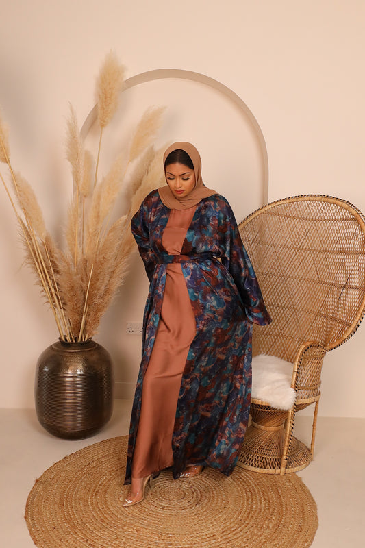 Noor Open Flared Marble print abaya with a satin Inner