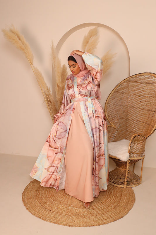 Noor Open Flared Abaya Marble satin in Blush shades
