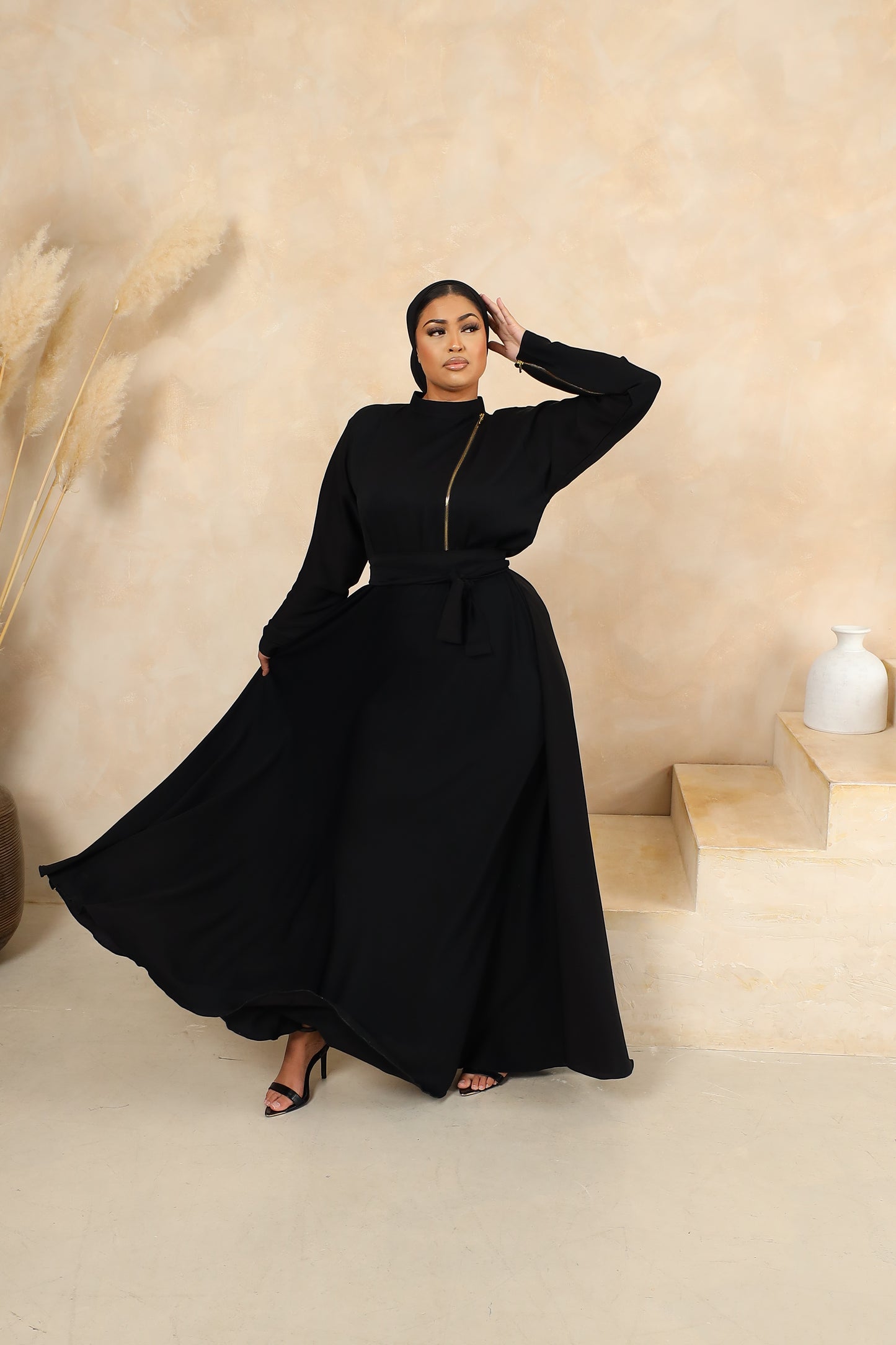 Habiba zip flare abaya Black in Fine Crinkle