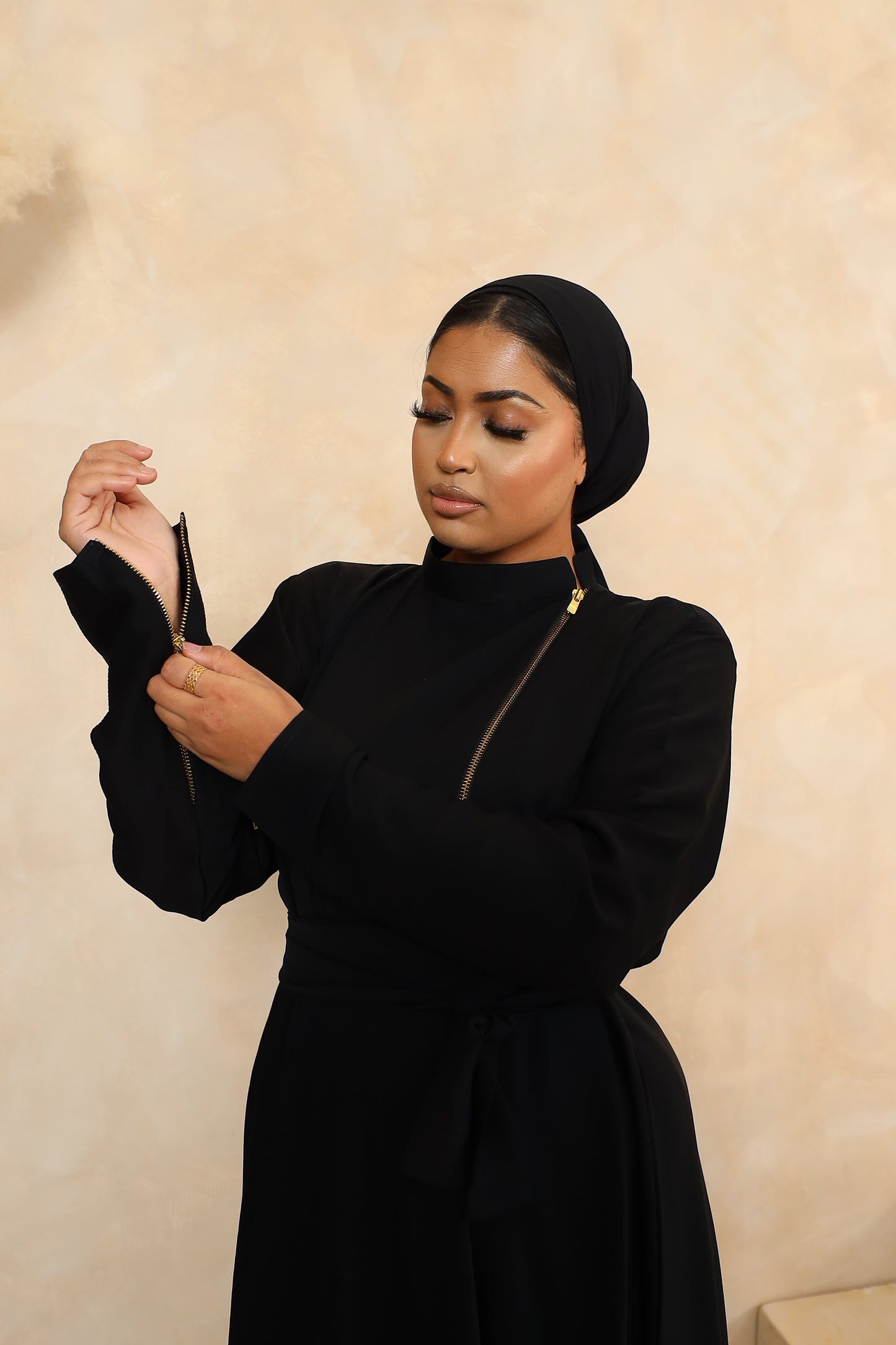 Habiba zip flare abaya Black in Fine Crinkle