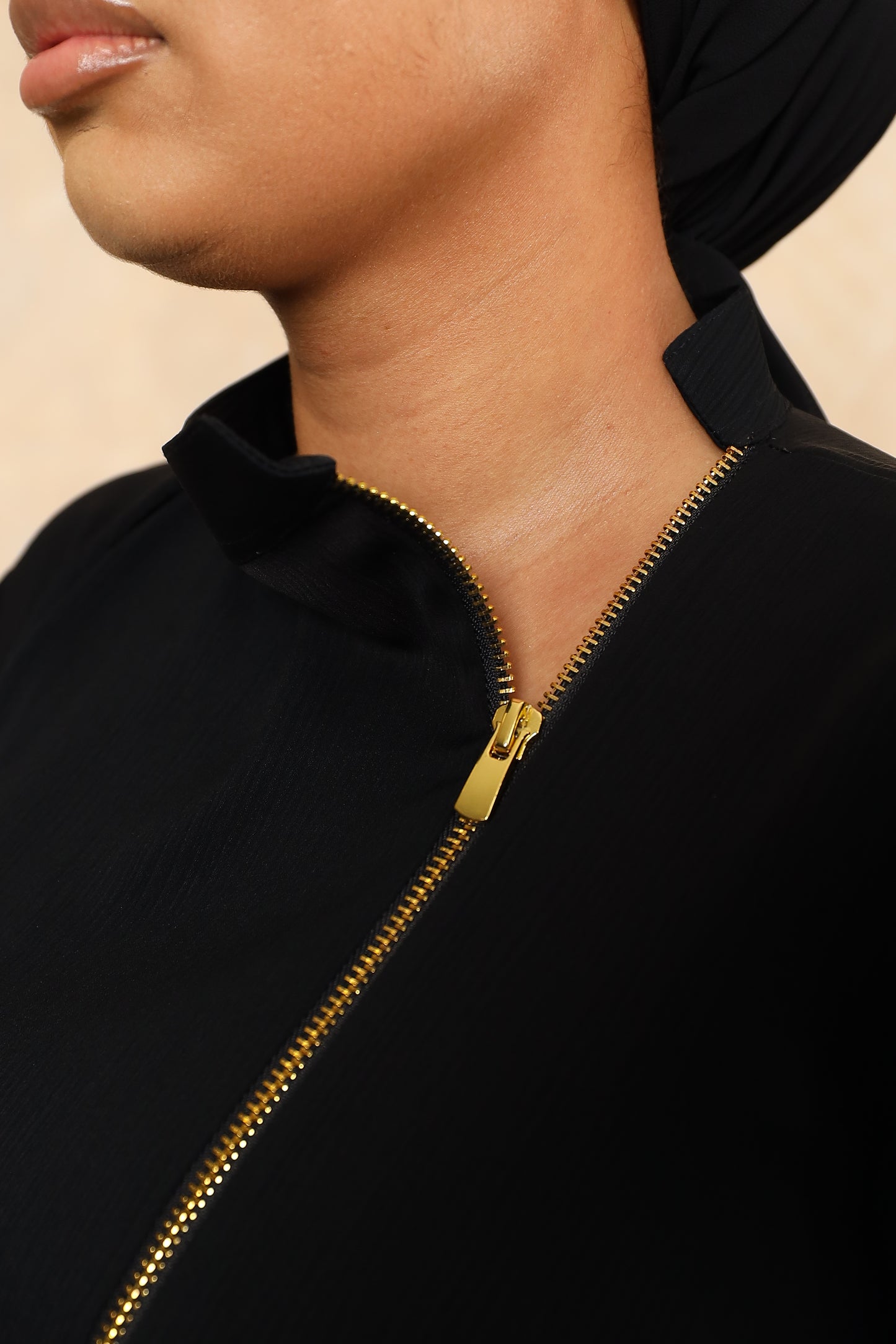 Habiba zip flare abaya Black in Fine Crinkle