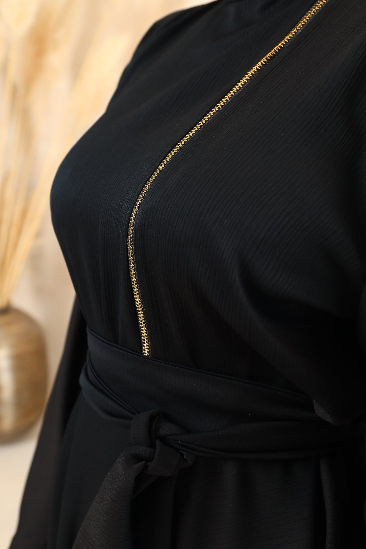 Habiba zip flare abaya Black in Fine Crinkle