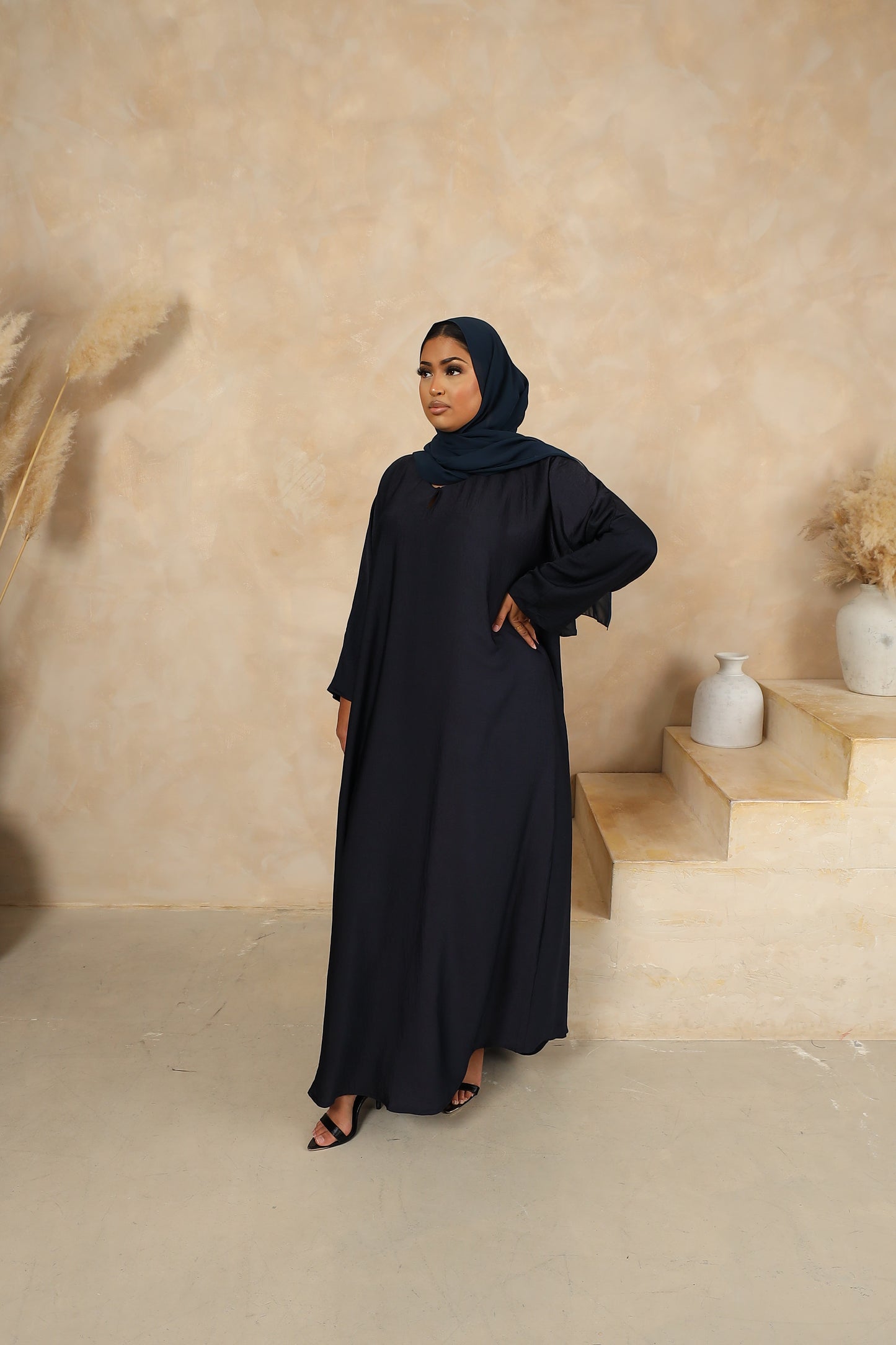Jacquard Farasha open jacket abaya & inner slip Midnight Navy -  4 piece set