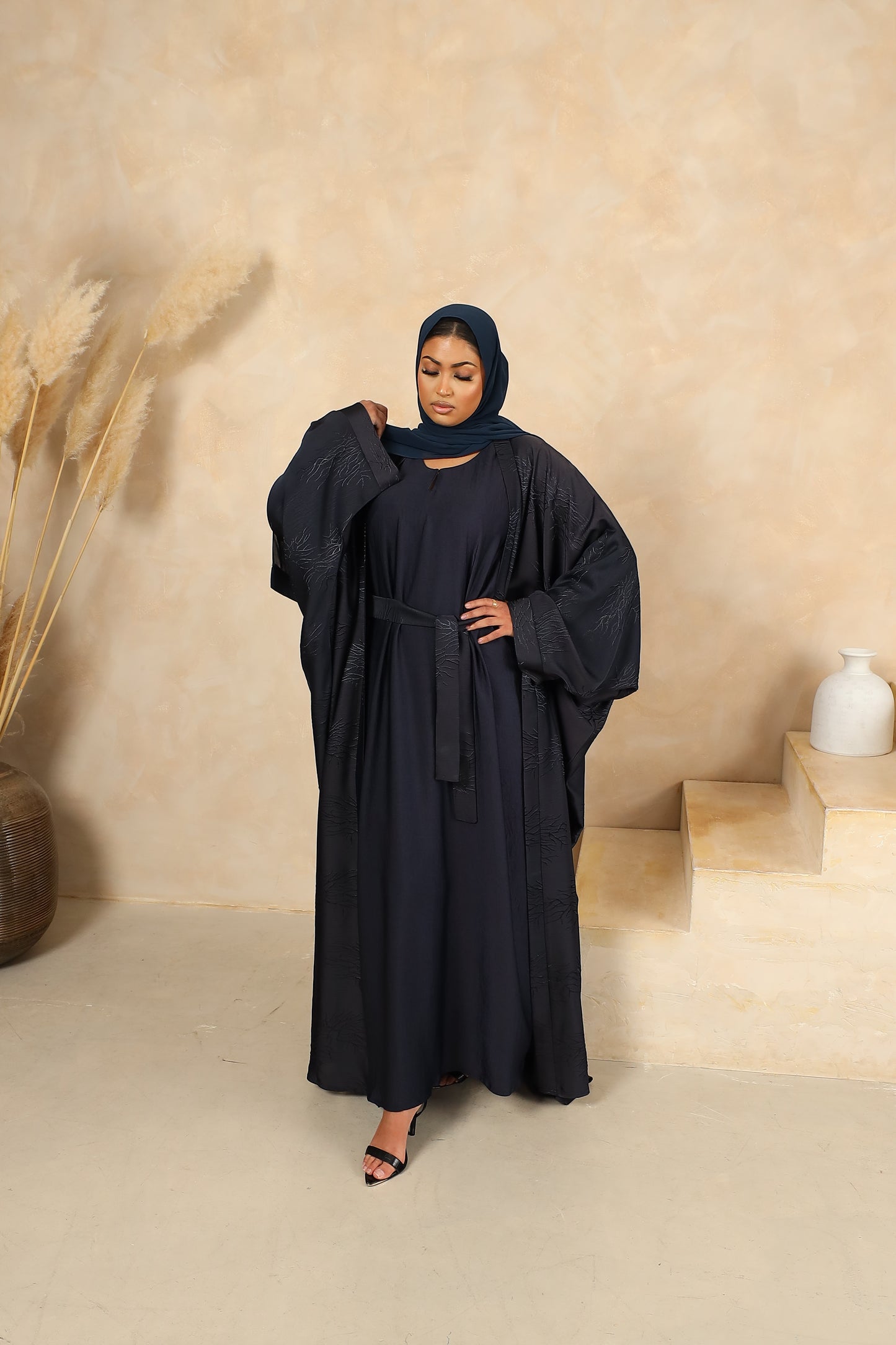 Jacquard Farasha open jacket abaya & inner slip Midnight Navy -  4 piece set