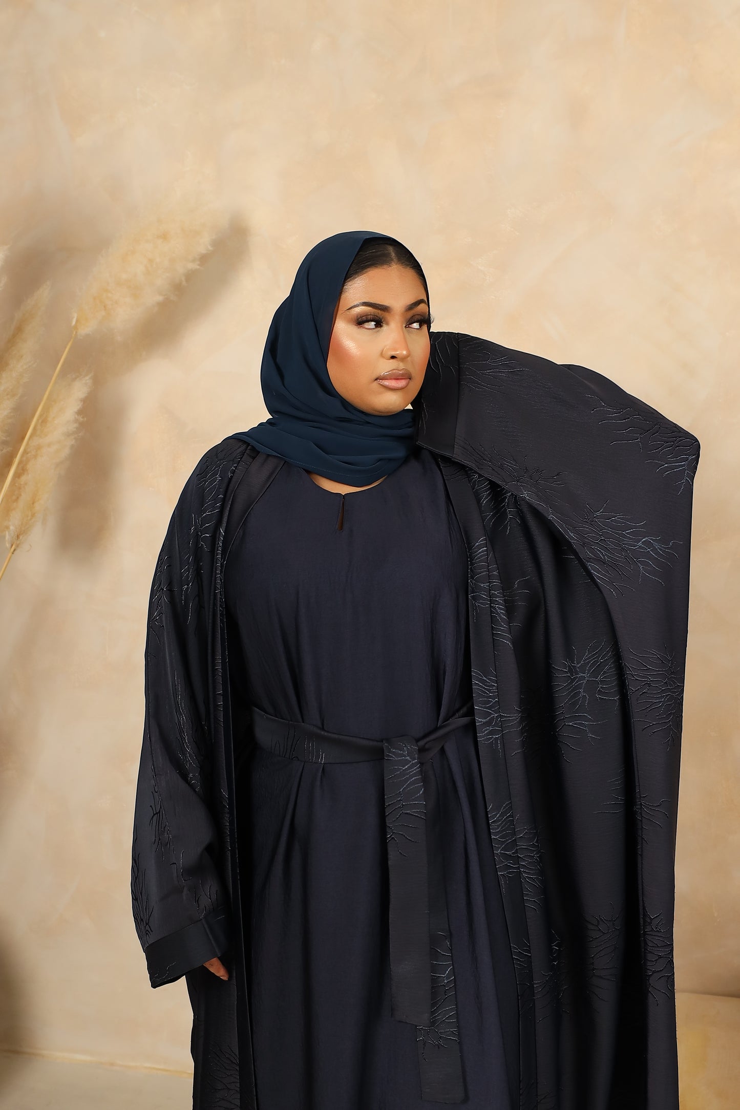 Jacquard Farasha open jacket abaya & inner slip Midnight Navy -  4 piece set